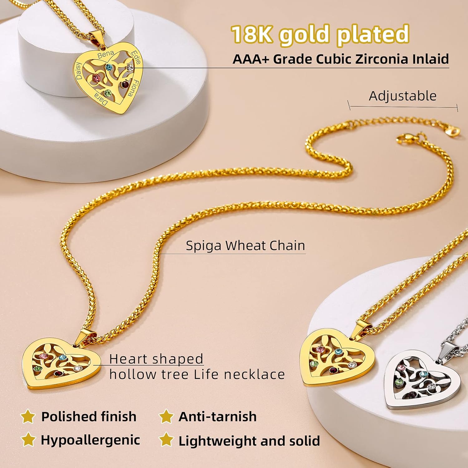 KeyStyle Personalized Name Necklace with Birthstone, Heart/Round Tree Necklaces with Customized 2-7 Names & Birthstones for Nana/Mother/Team/Friends with Gift Box