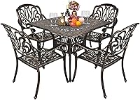 VINGLI 5-Piece Cast Aluminum Outdoor Patio Dining Set with Umbrella Table & 4 Stackable Chairs, Rustproof Bronze for Garden, Yard, Poolside