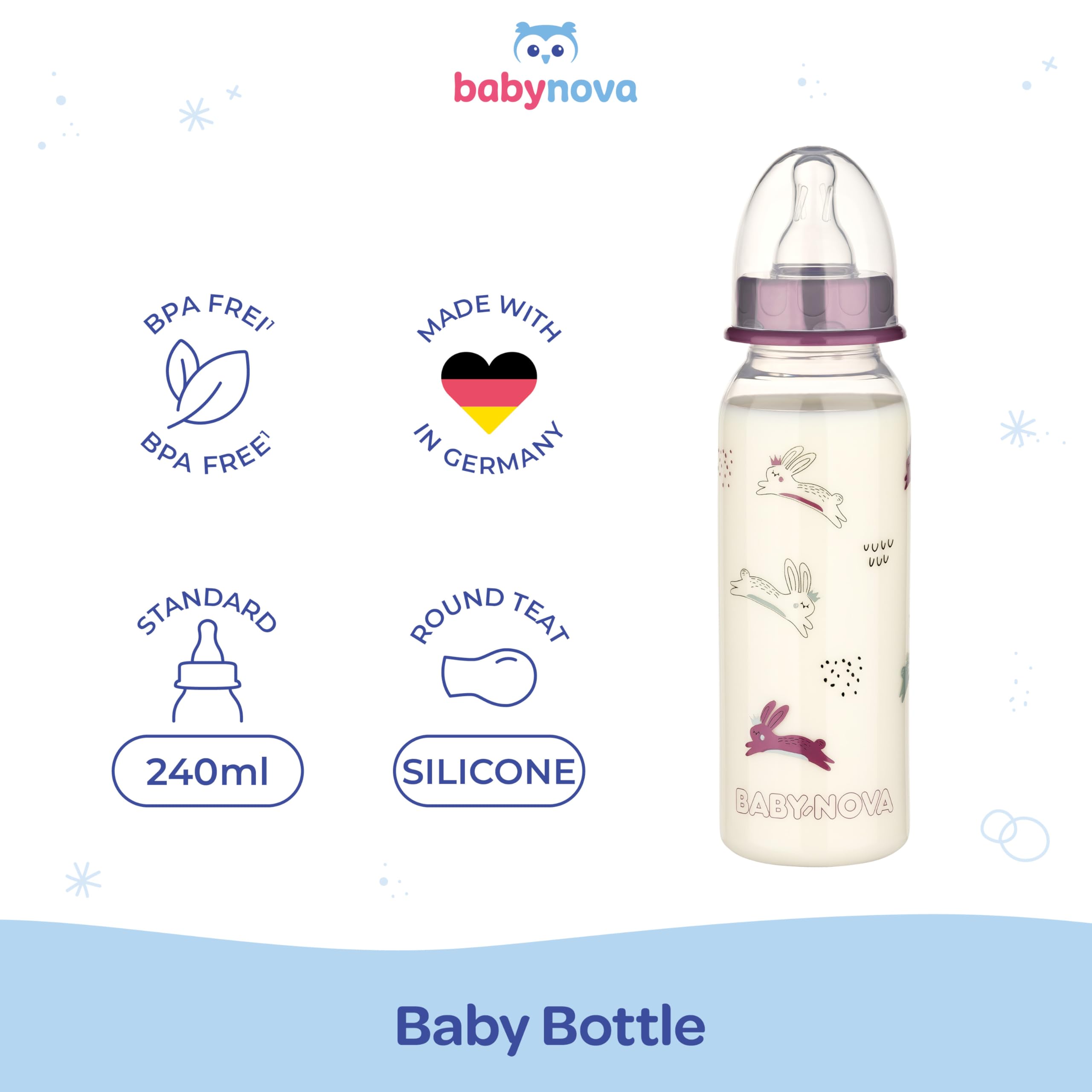 babynova 240ml Baby Bottle with Anti-Colic Medium Flow Silicone Teat for Newborns - Made in Germany - BPA-Free - Bunnies - Image 2