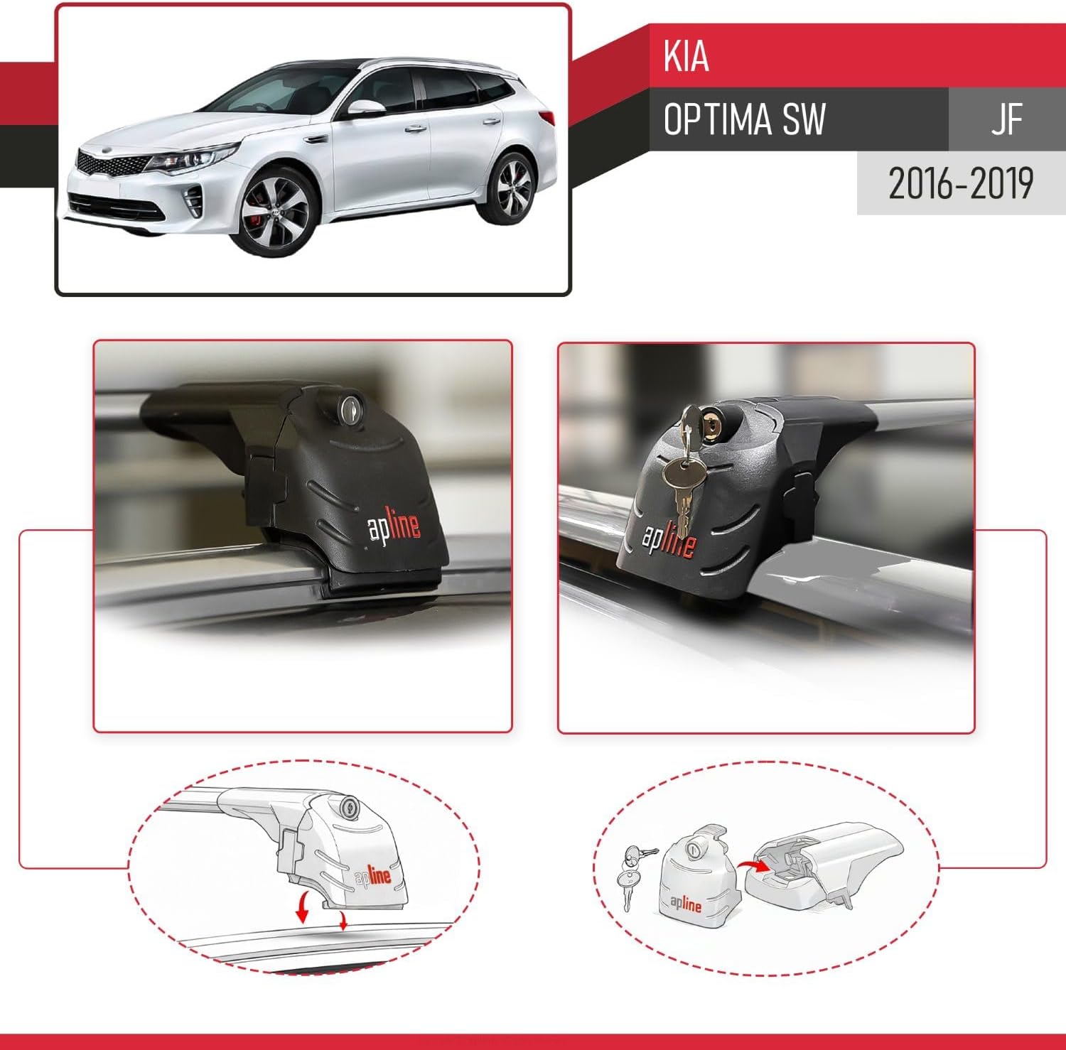 Compatible with Kia Optima (JF) SW 2016-2019 ACE-2 Cross Bar Car Top Luggage Carrier Rails Roof Racks Grey Aluminium 2 Bars