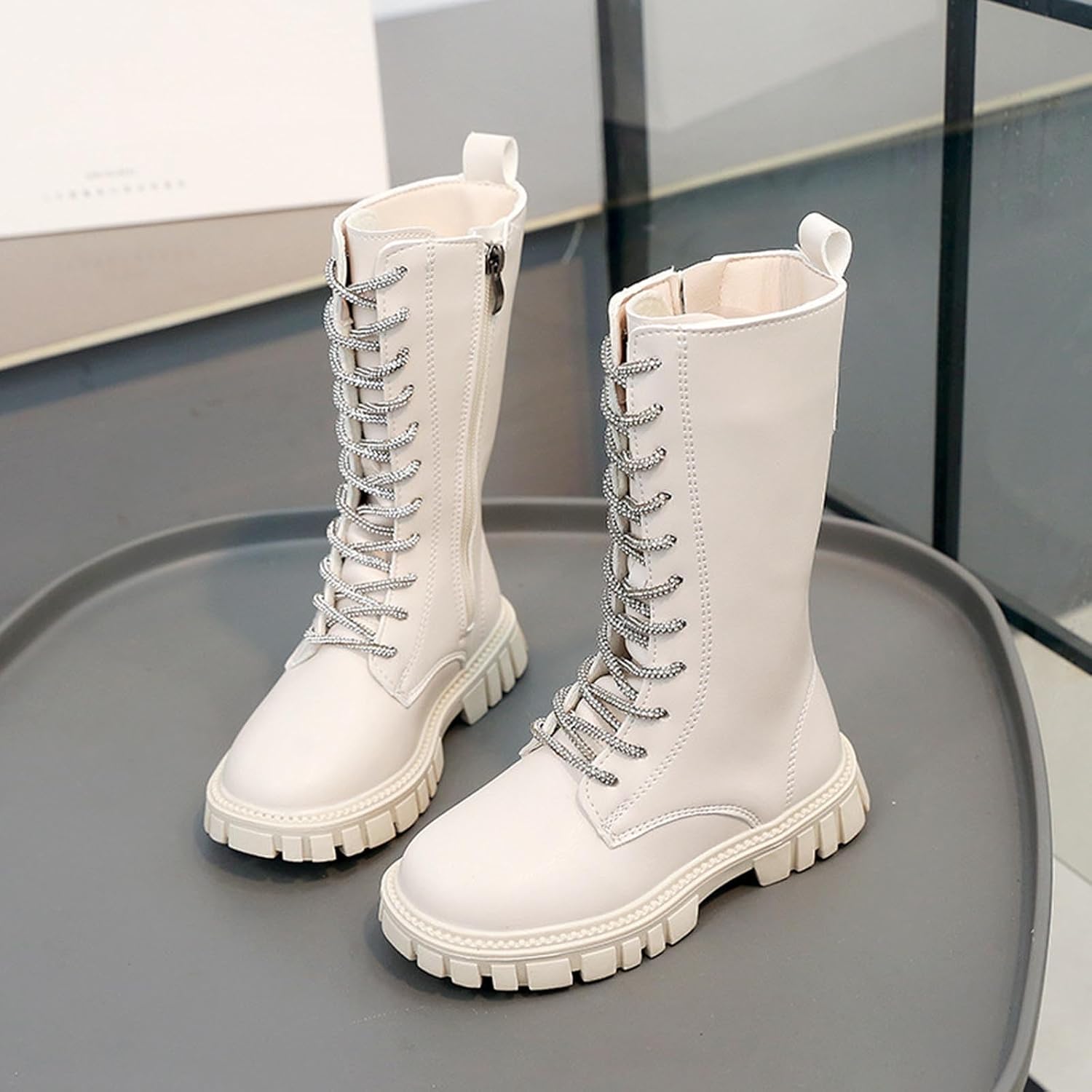 Girl PU Leather Combat Boot Lace Tie Side Zipper Shoe Lug Sole Trendy Outdoors Shoes Riding Casual Cowgirl Boots