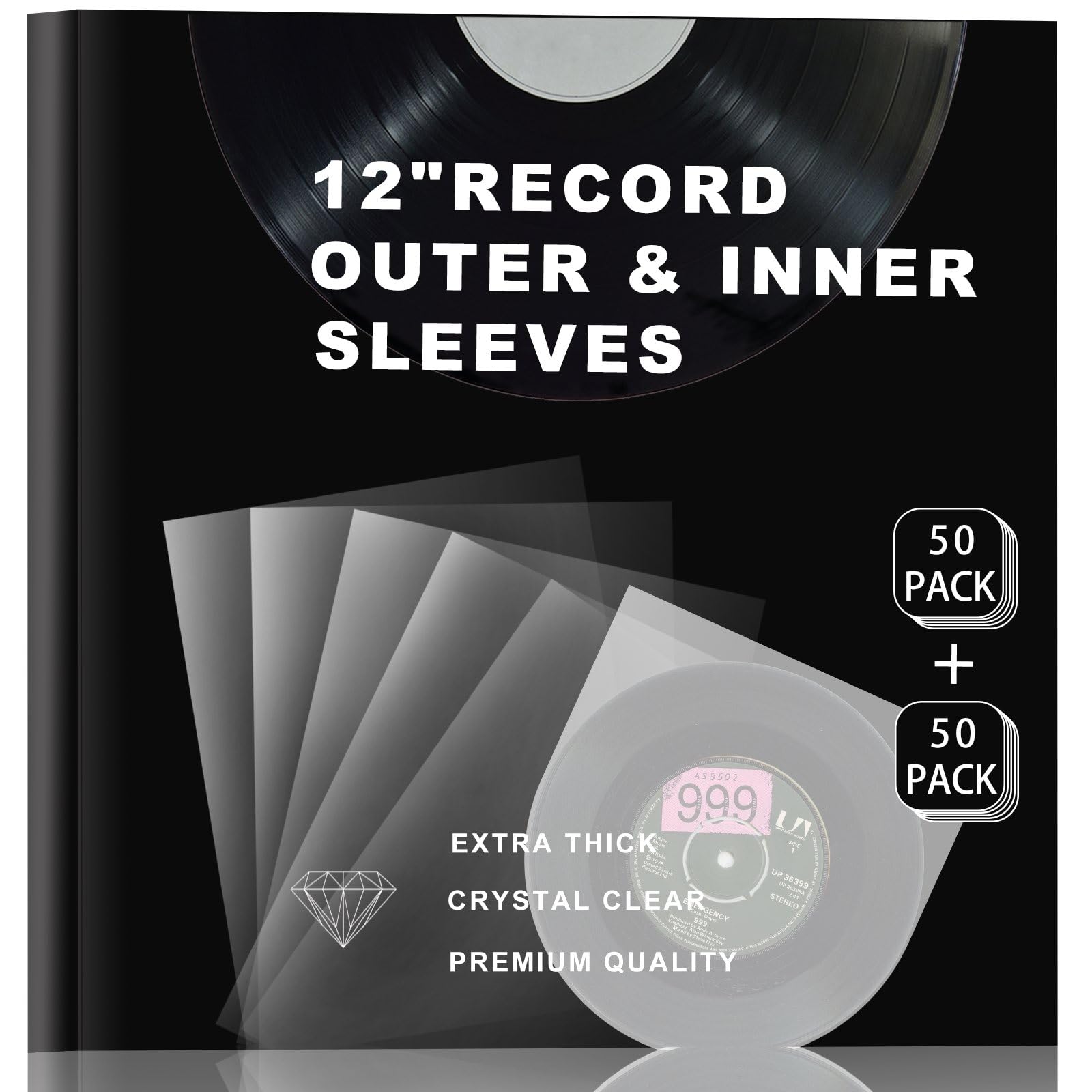 100 12" anti static Vinyl Record Sleeves Combo Pack (50x 3mil Outer & 50x Inner Round Bottom), vinyl protective Crystal Clear Fit for Single & Double Lp Album Collection