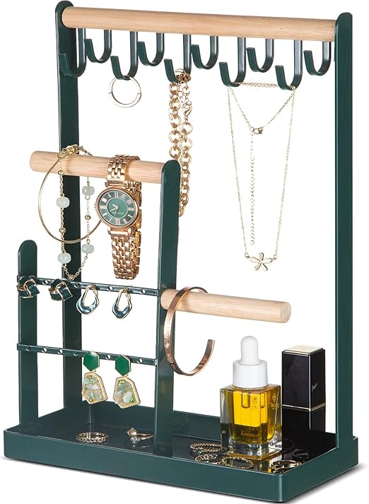 ProCase Jewelry Stand Holder Organizer, 4-Tier Necklace Holder with Ring Tray, 10 Hooks Necklaces Hanging Small Jewelry Display Storage Tower Tree for Bracelets Earrings Watches -Medium, Green