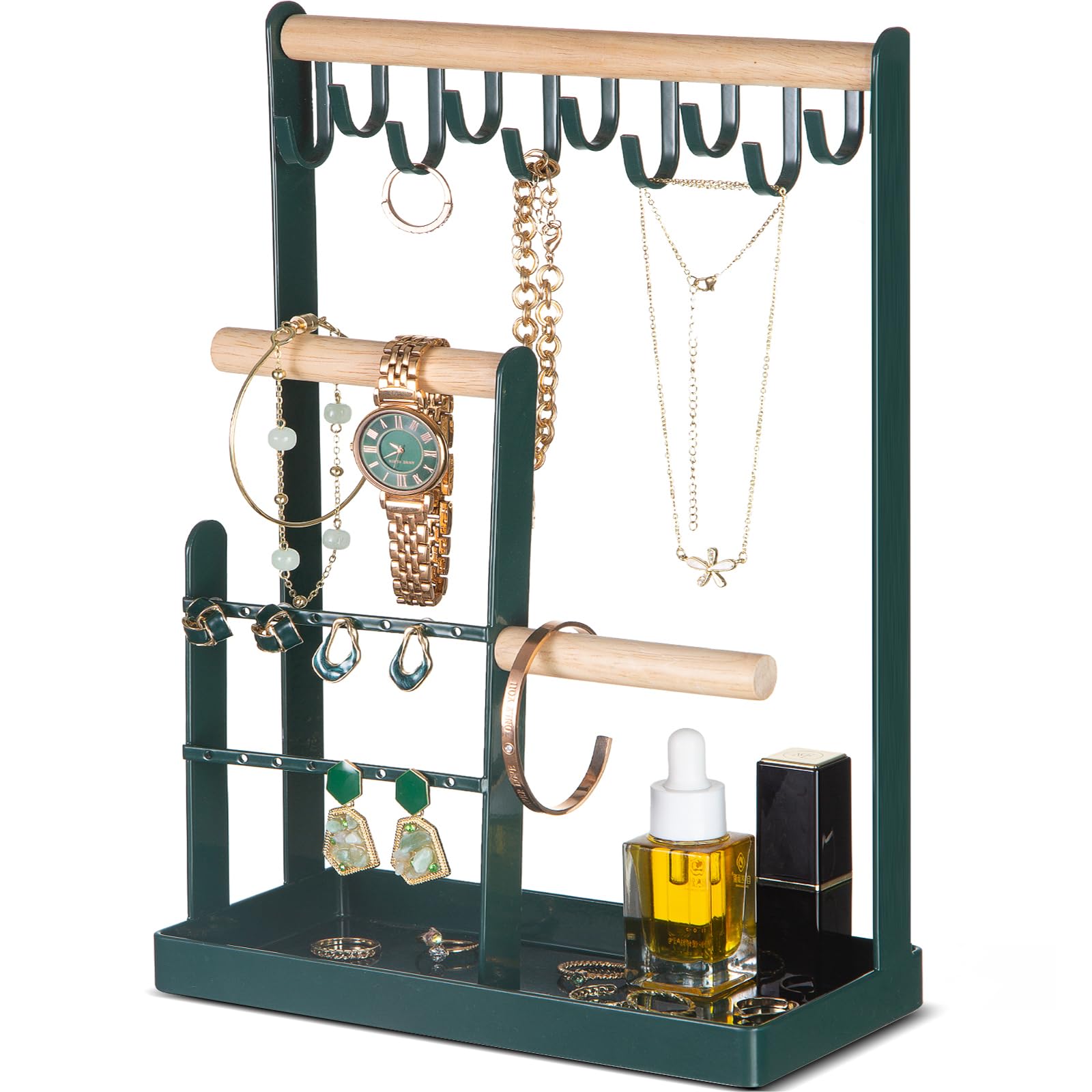 Procase Women's Green Jewellery Organiser Jewellery Stand Holder, 4 Tiers Jewelry Stands Necklace Organizer Earring Holder, 10 Hooks Jewelry Tower Display For Bracelets Watches Rings Gifts For