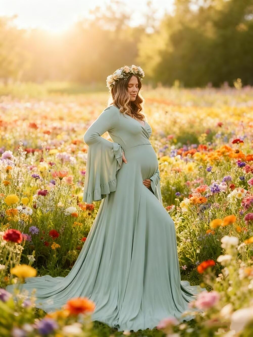 Tianzhihe Satin Maternity Dresses Bell Sleeve Baby Shower Dress for Photoshoot A Line V Neck Pregnancy Gowns with Slit