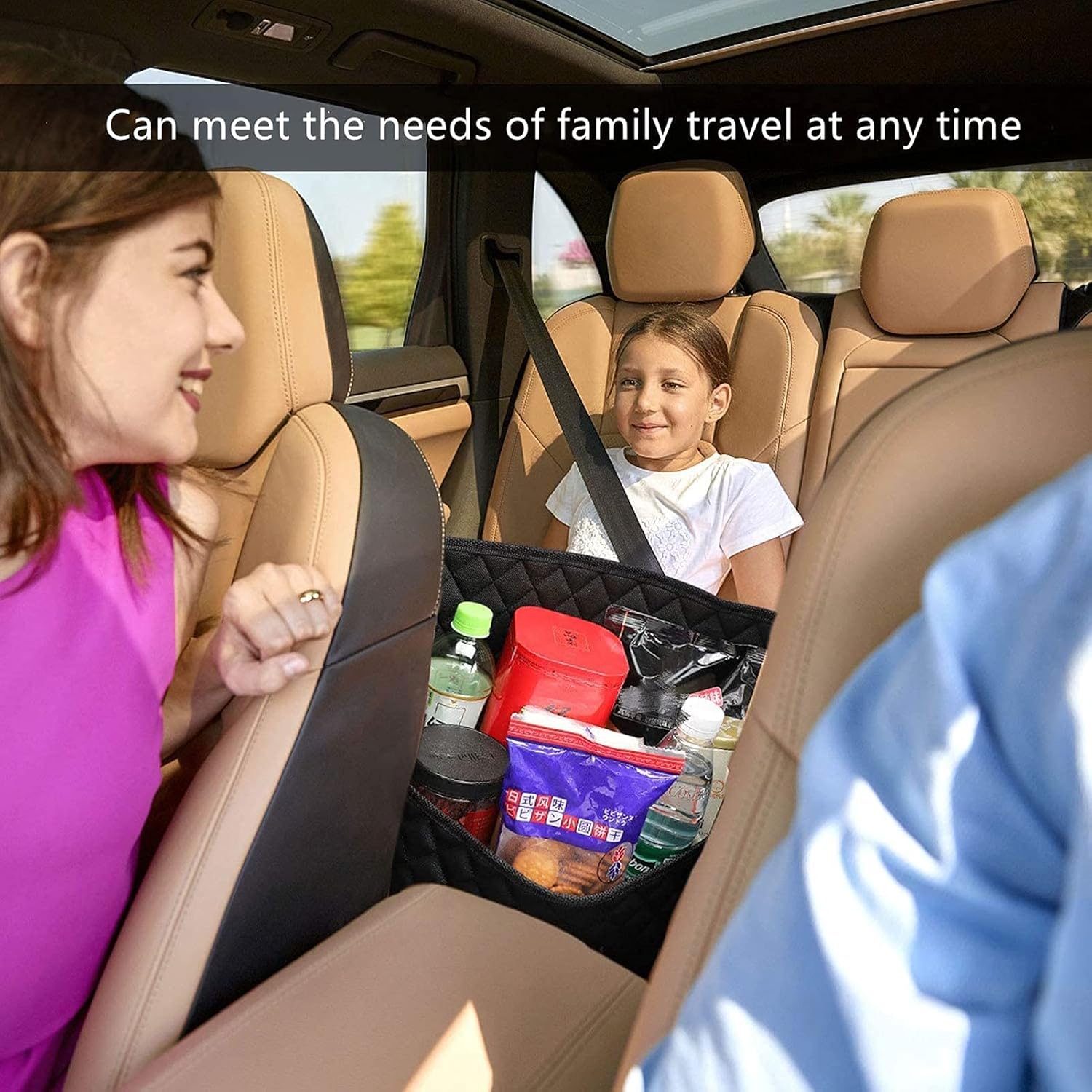 Car Purse Holder Between Seats, Car Handbag Holder, Large Capacity Leather Car Organizer Pouch Pocket and Pet Kids Barrier with 4 Packs Car Seat Headrest Hook (Black) Image