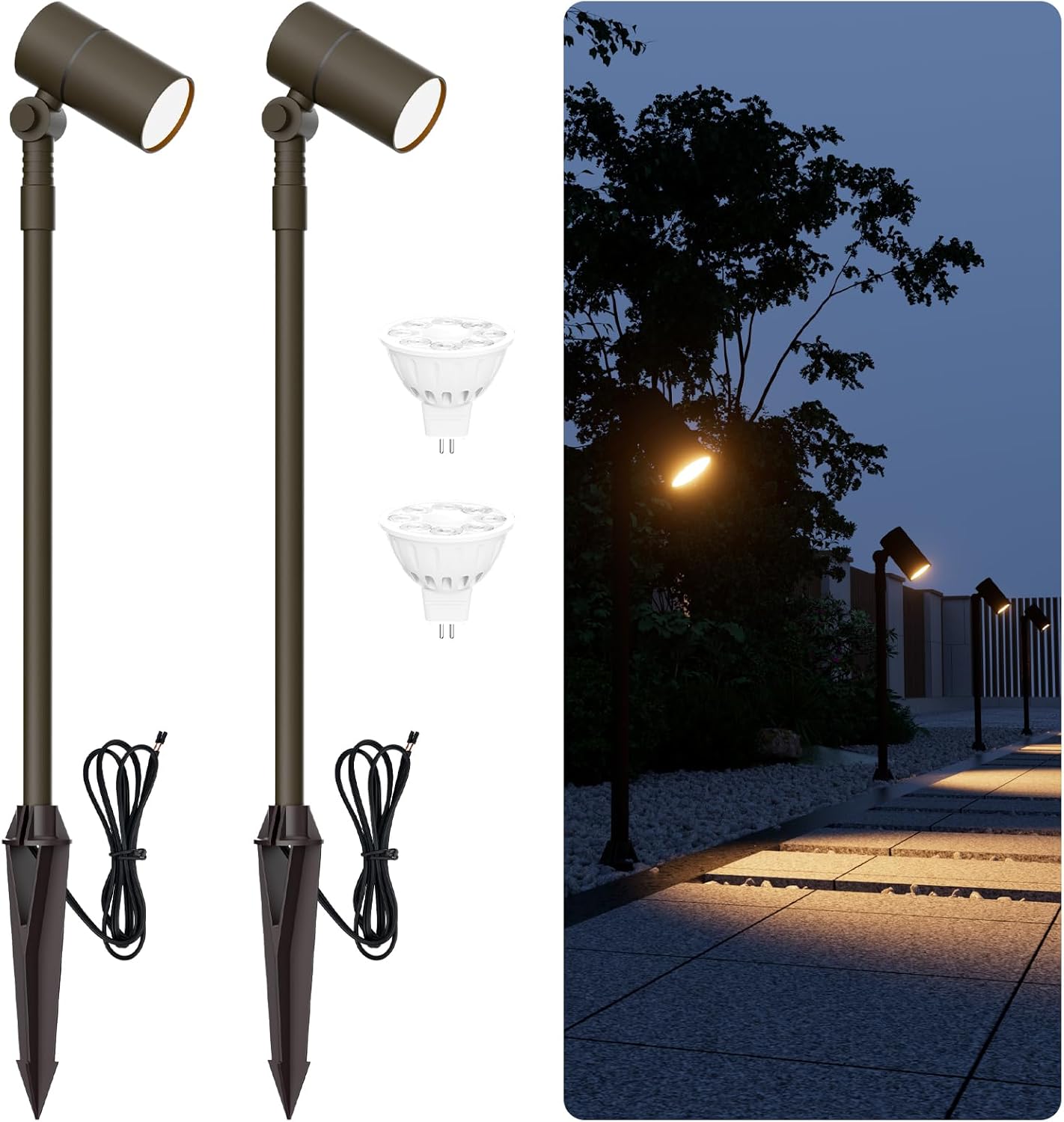 Low Voltage Landscape Path Light Kits Lights Paths and Garden Bed, Also be Used for Uplights Light up Walls and Trees, Cast Aluminum Body Free 5W 12V MR16 LED Bulb and ABS Stake 2-Pack