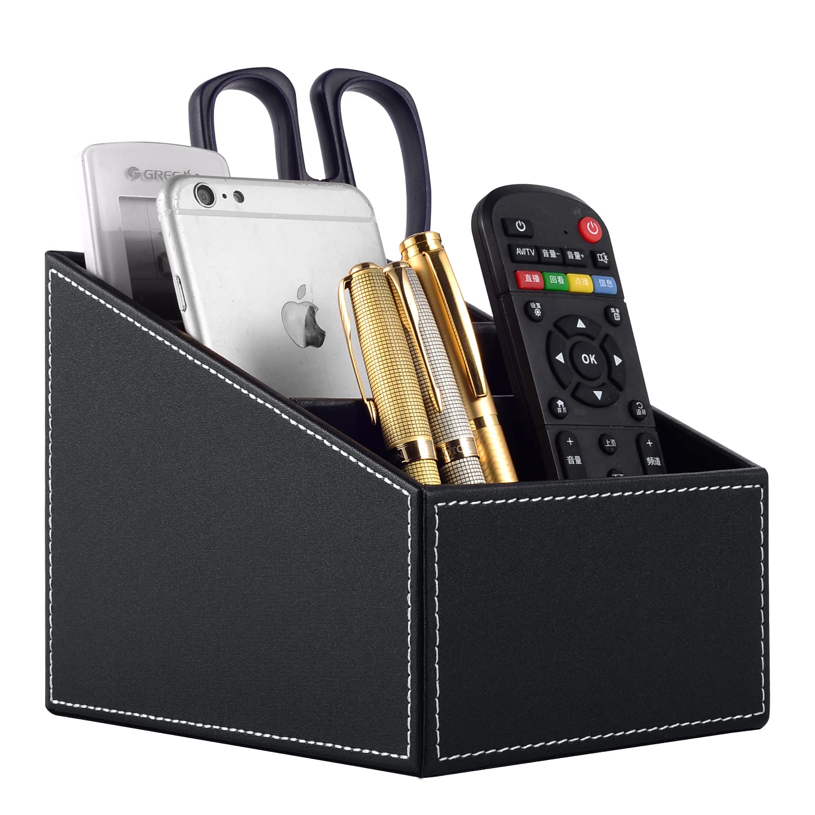 XNONE Remote Control Holder with 5 Compartments,Pu Leather Office Organization Storage for Makeup Brush | Pen Holder | Media | Stationeries | Phone Holder Perfect Home Decor Caddy (Black)