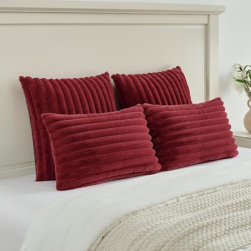Miniatura 5 de Juego de 2 fundas de almohada decorativas con rayas de color burdeos o rojo vino, 16 x 16 pulgadas, cuadradas y primaverales, piel sintética de