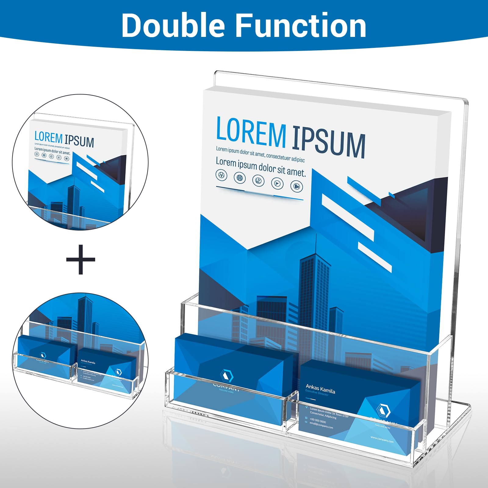 BEYGORM Soporte acrílico para folletos de 8.5 x 11 pulgadas con soporte para tarjetas de visita para 400 volantes, paquete de 2 soportes transparentes para folletos, soporte para folletos para feria