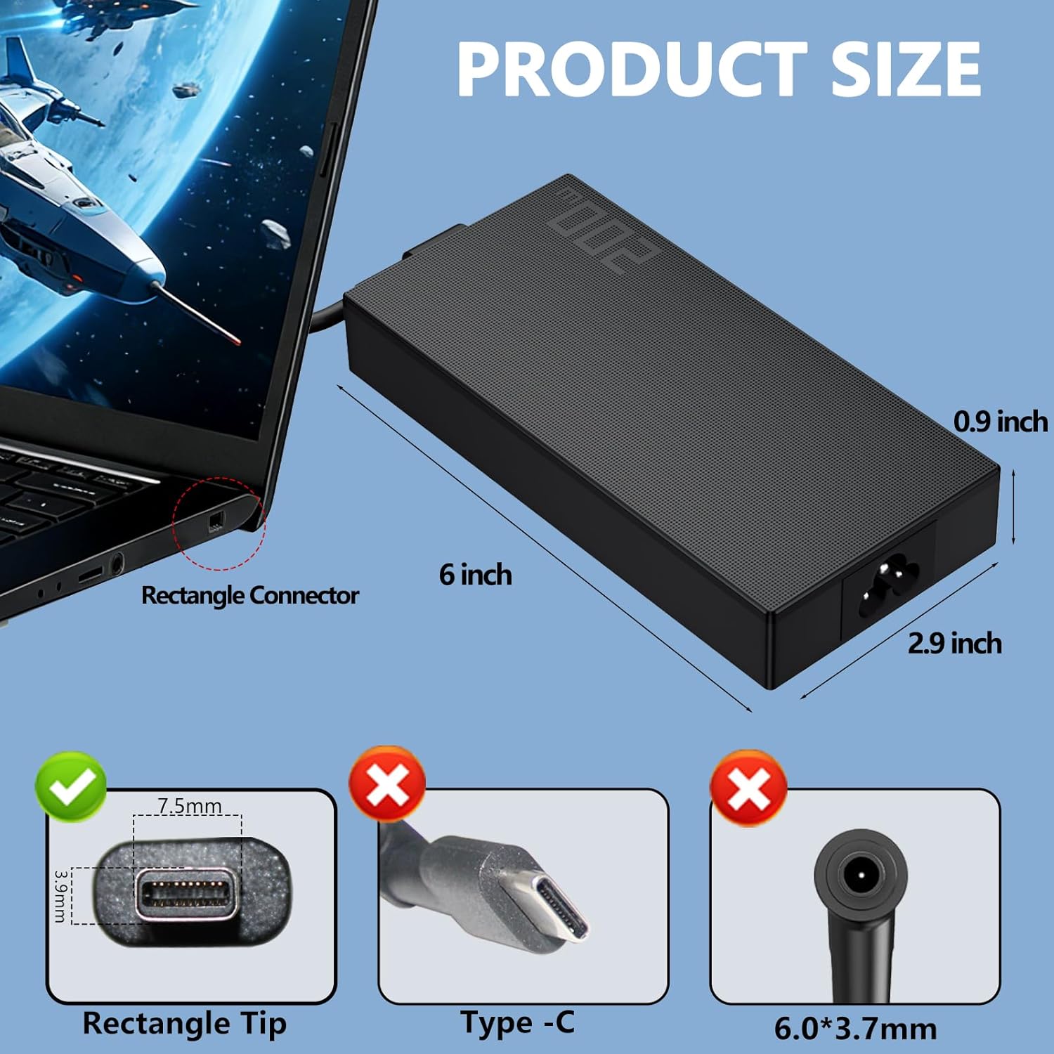20V 10A 200W for Asus Laptop Charger-Rectangle Connector, Compatible with Asus ProArt P16 PX13 H7606 HN7306 Copilot, ROG Zephyrus G16 G14 GA605 GU605 GA403 GA605WV GA605WI
