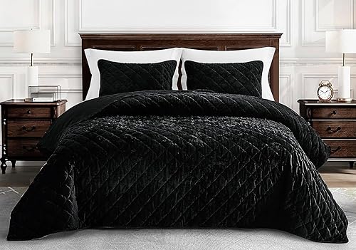 Miniatura 2 de Chezmoi Collection Lux - Juego de edredón de terciopelo negro extra grande, ropa de cama de terciopelo envejecido de 3 piezas para todas las