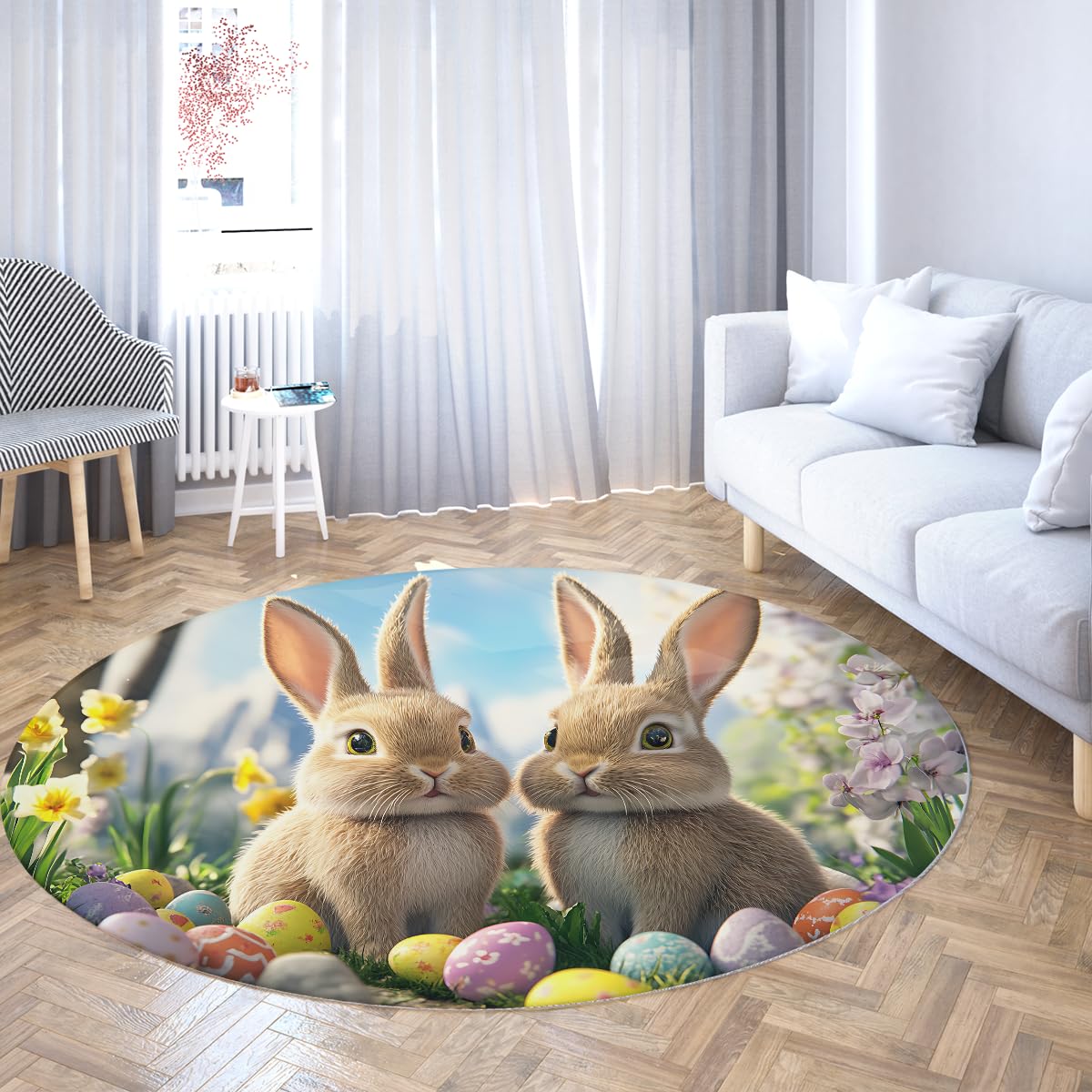 Alfombra temática Pascua 140cm Conejitos adorables y Huevos Festivos Estampado Sala bebé Fina Alfombras Redondas Antideslizantes Jardín Primavera Decoración del hogar