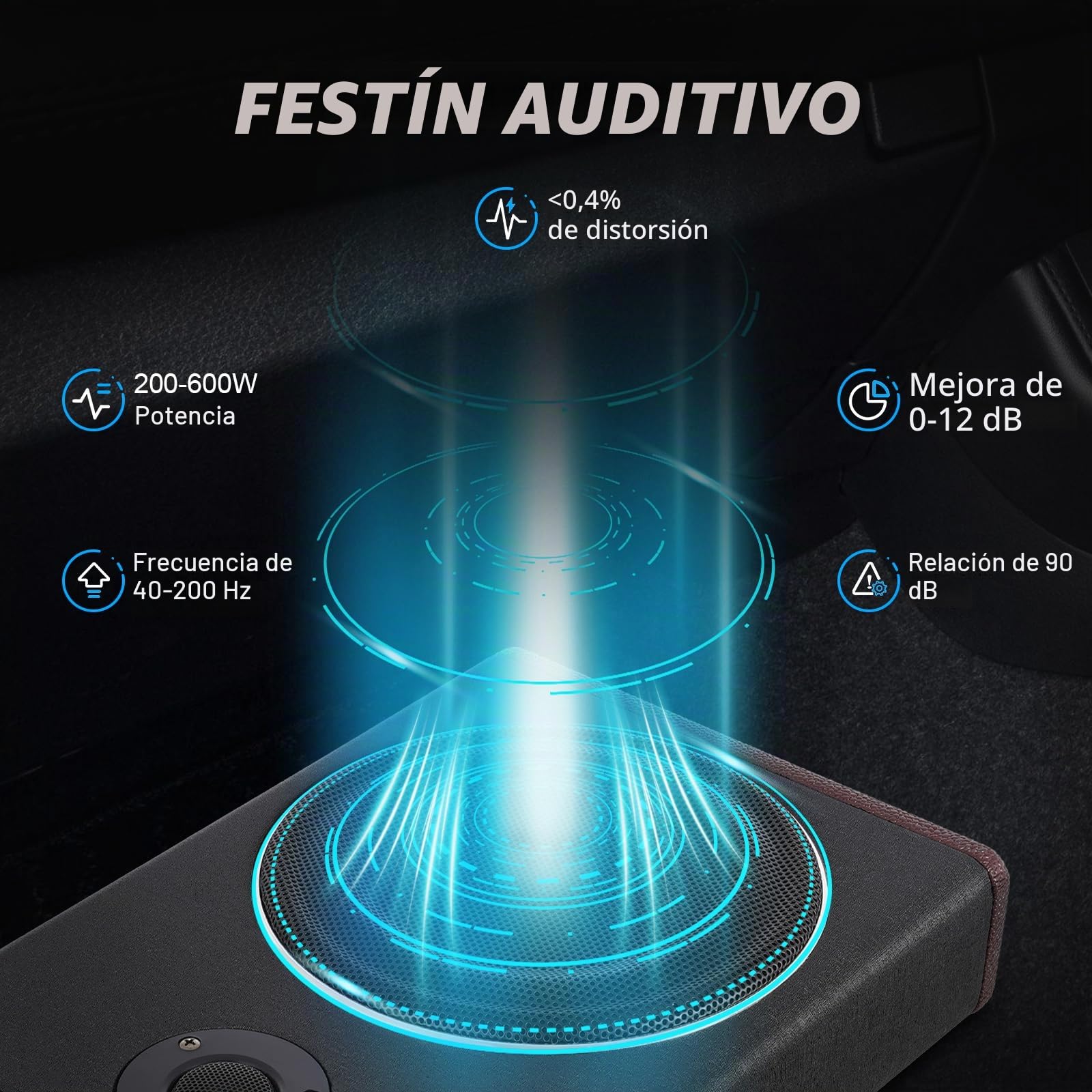 8 pulgadas 600 W caja de graves activos, subwoofer para coche, robusto altavoz de madera y acero inoxidable, frecuencia de 40 hz-200 Hz, 90 dB SNR para sistema de audio de radio de coche