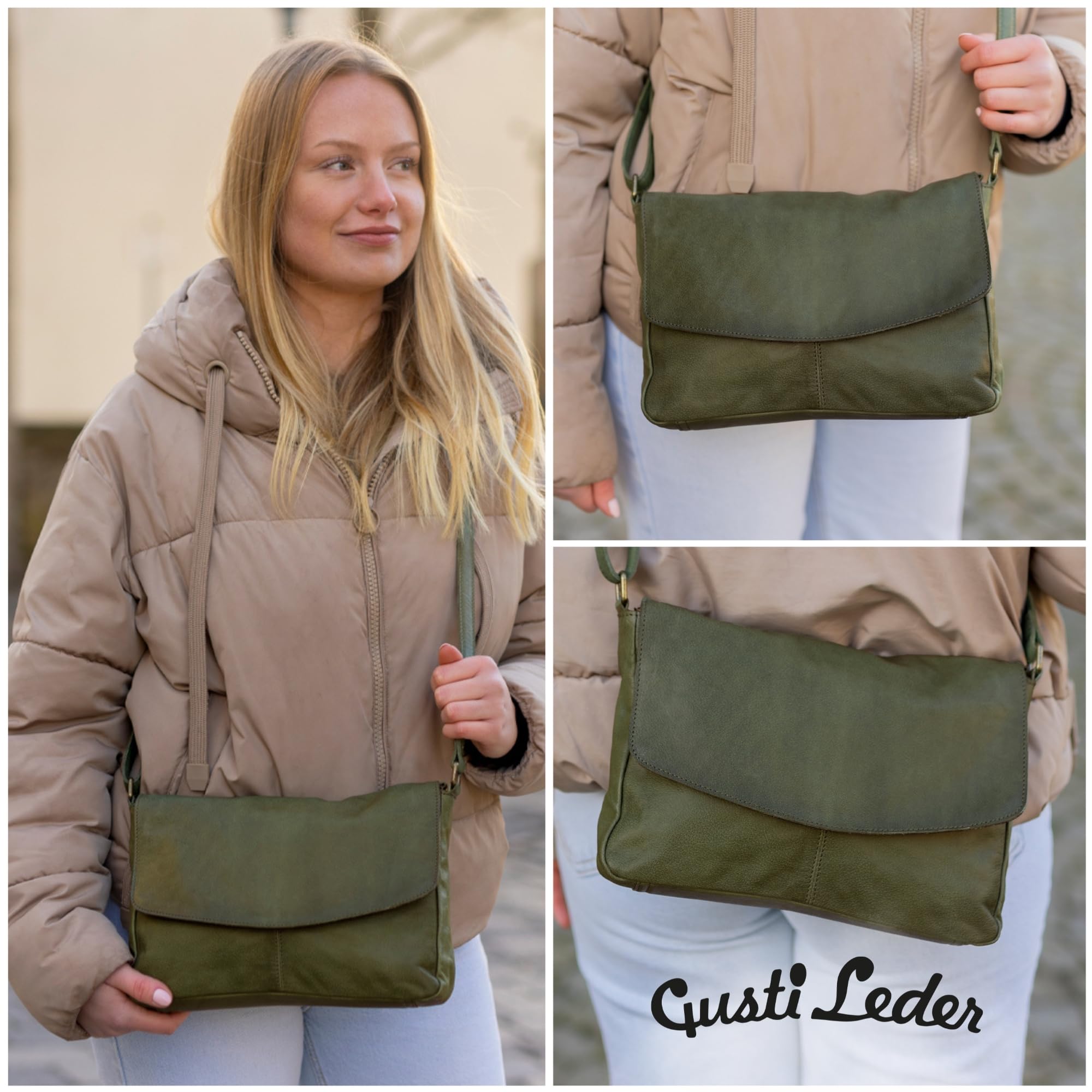 Gusti Leder Maisie - Borsa a tracolla da donna in vera pelle, stile vintage, con cerniera e tracolla