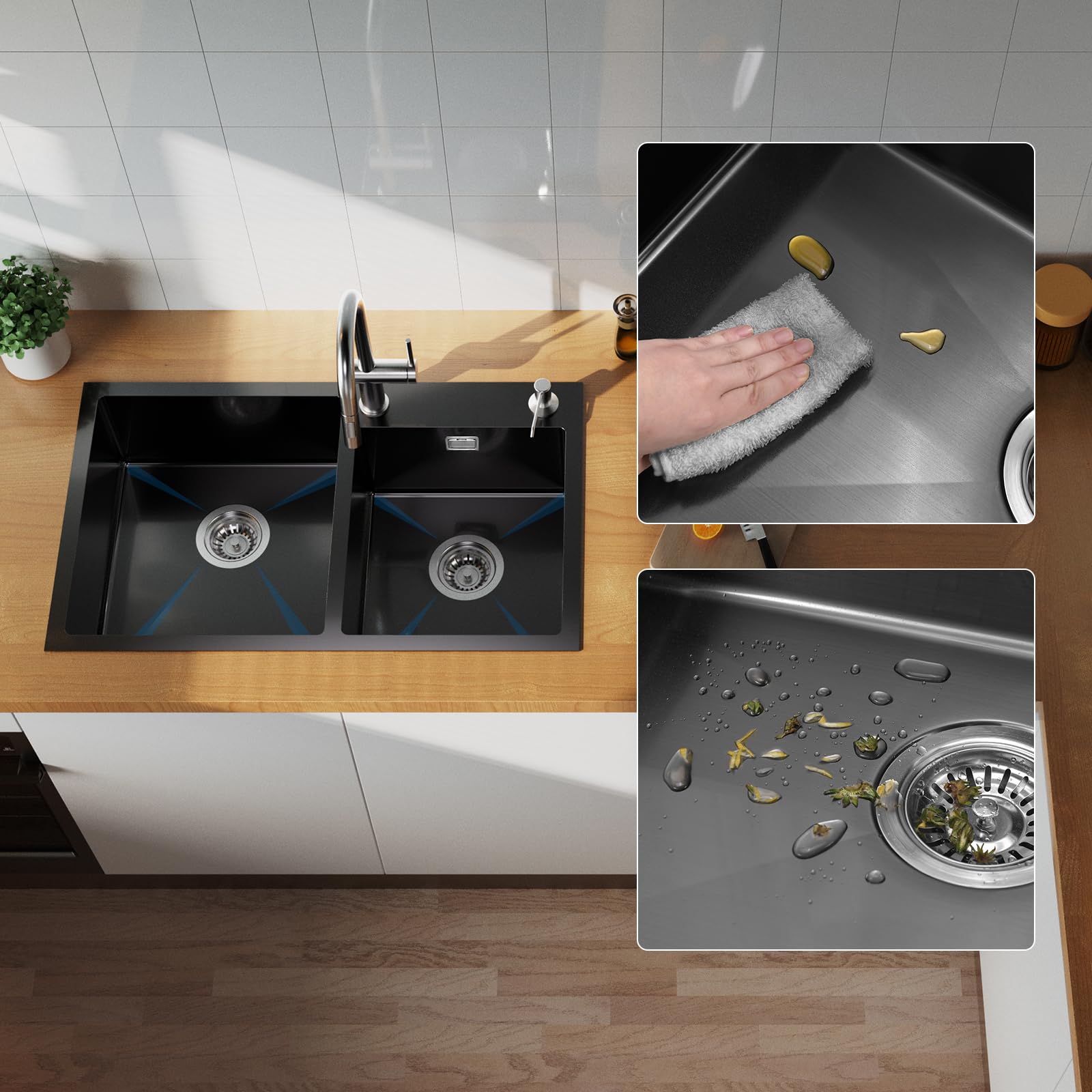 CECIPA Évier Cuisine 2 Bacs Inox 78 * 43 cm, Évier Inox Montage à Encastrer avec Distributeur de Savon, en Siphon et Trop-Plein, pour Caissons de 80 cm de Large Min