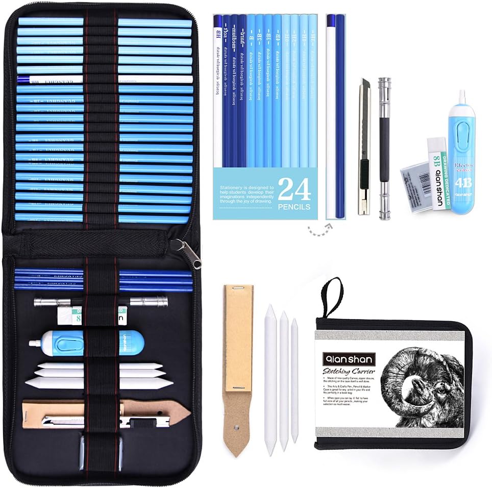 qianshan 34pcs Art Supplies Graphite and Charcoal Pencils Set, Studio Includes Sketch Pencils Pencil Case Professional Sketching Tools for Beginner or Artist Drafting Shading