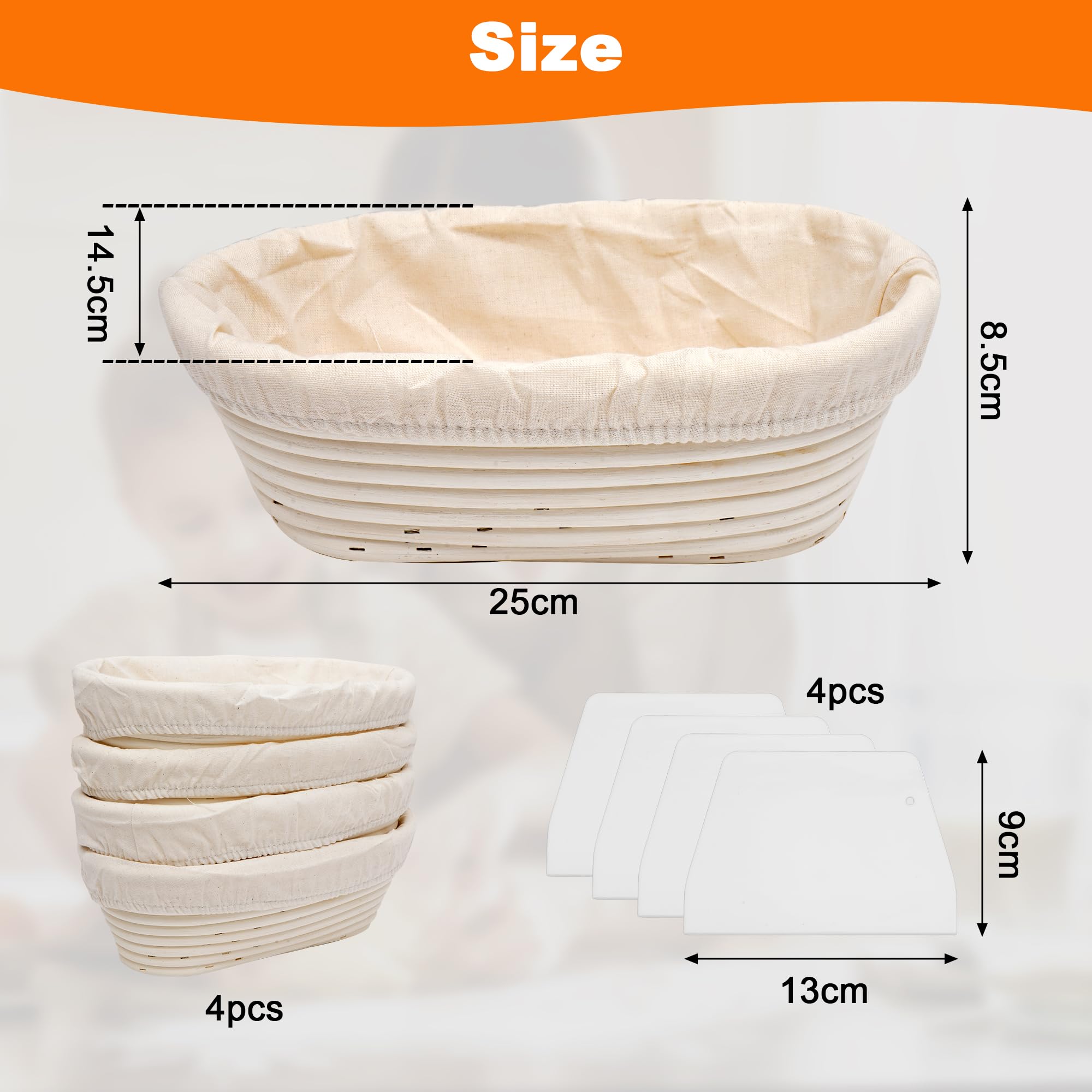 uyoyous Banneton Lot de 4 paniers à pain ovales en rotin avec doublure en tissu et 4 panneaux de découpe pour boulangers professionnels et amateurs 25 x 15 x 8 cm