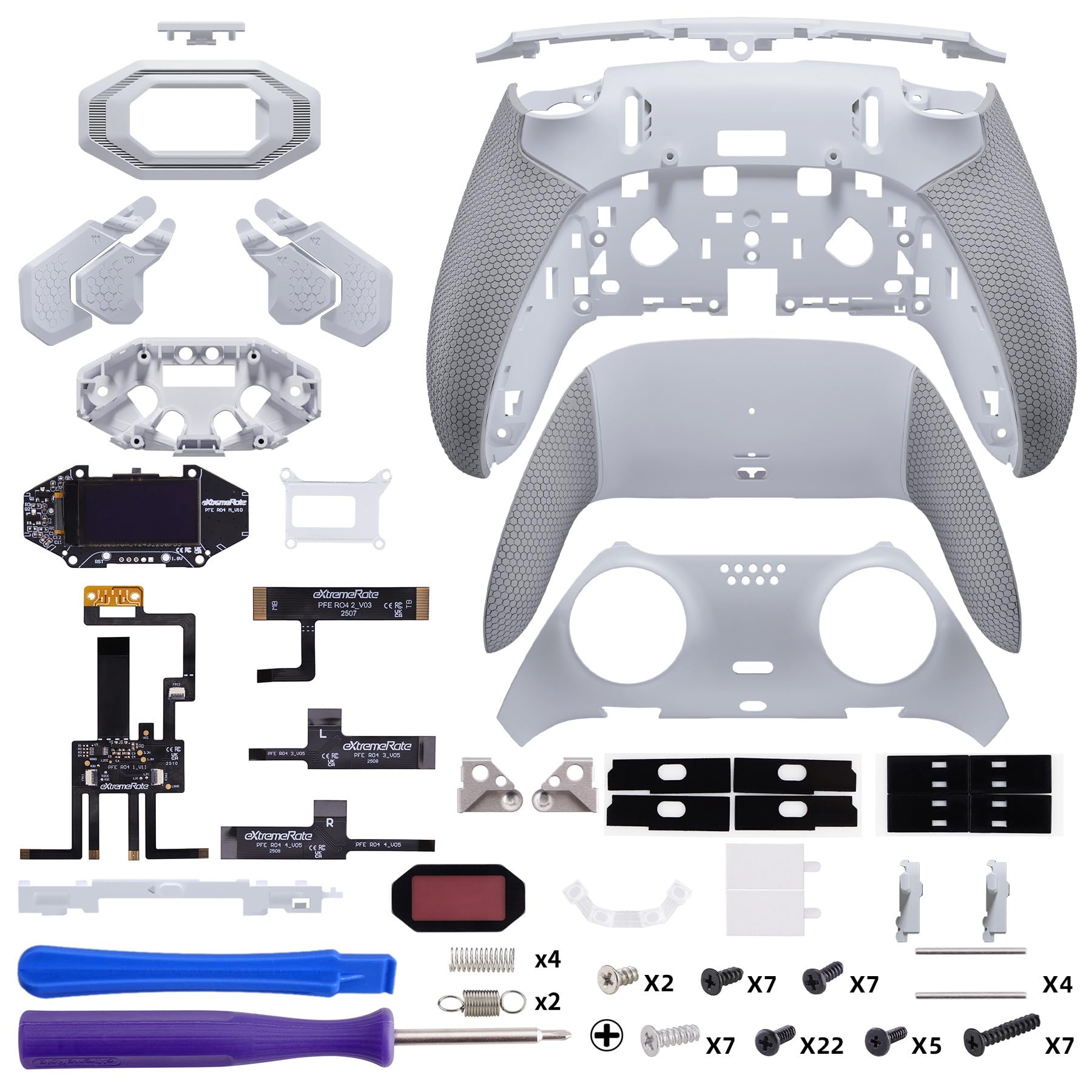 eXtremeRate BEYOND Remap Kit per ps5 Edge Controller, Display OLED & Cover Grip Ergonomici & 4 Palette Tasti Posteriori Rimappabili, Back Paddle Accessori per ps5 Edge Joystick, Grigio
