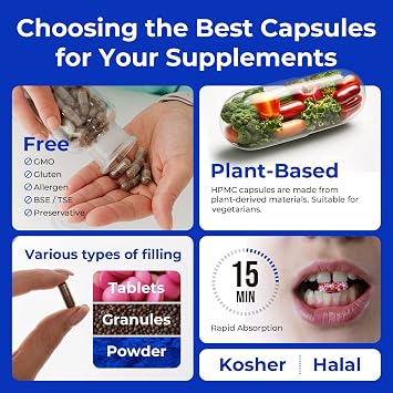 Empty Capsules Size 1 500 Count,Clear Empty Vegan Capsules Kosher,Halal and Non GMO Certified for DIY Supplements.Hypoallergenic Veggie Capsules Empty with 2 Spoons,Adapted to the Capsule Filler