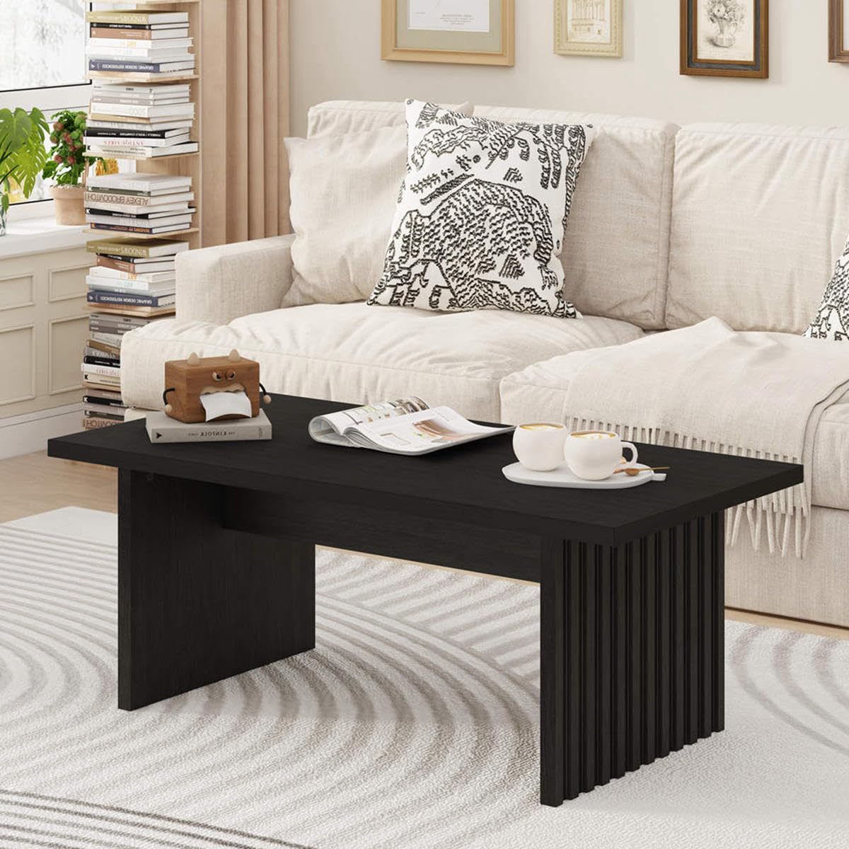 BON AUGURE Black Coffee Table, 43 Inch Fluted Living Room Tables, Modern