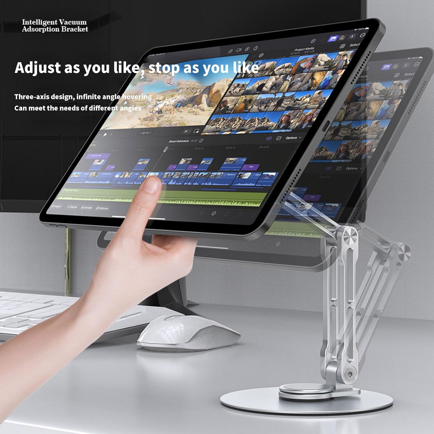タブレットとスマートフォン用の吸盤付き調整可能なタブレットスタンド アルミニウムホルダー 360&deg;回転可能 高さ調節可能なテーブルス