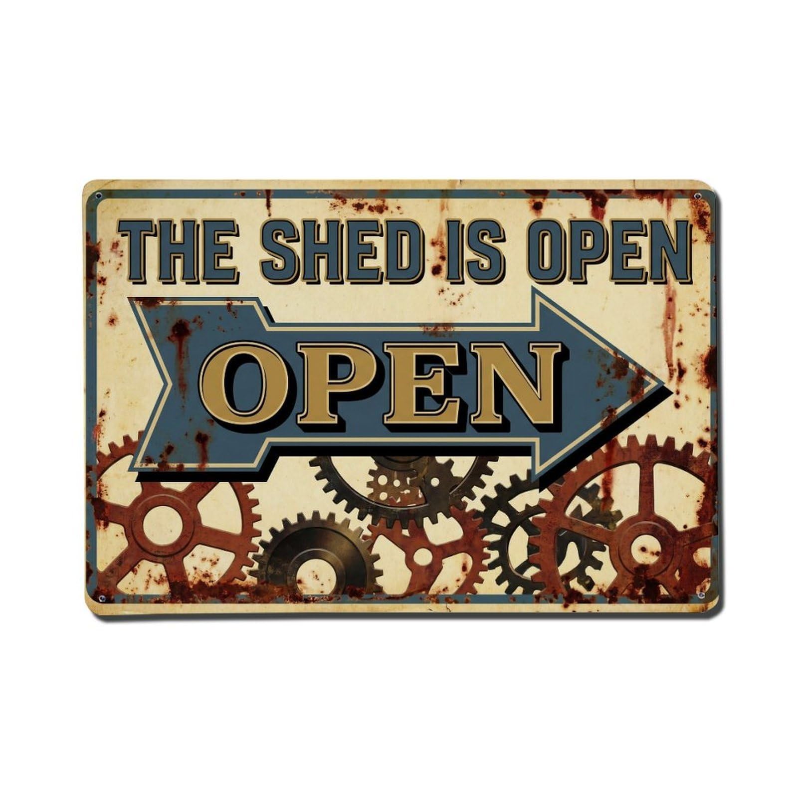 Workshop Shed Open Tinkering Tools Project Repair Metal Tin Sign Plaque Wall Decor for Cafe, Man Cave, Club Bar, Office, Home Garden Round Metal Poster 8x12Inch