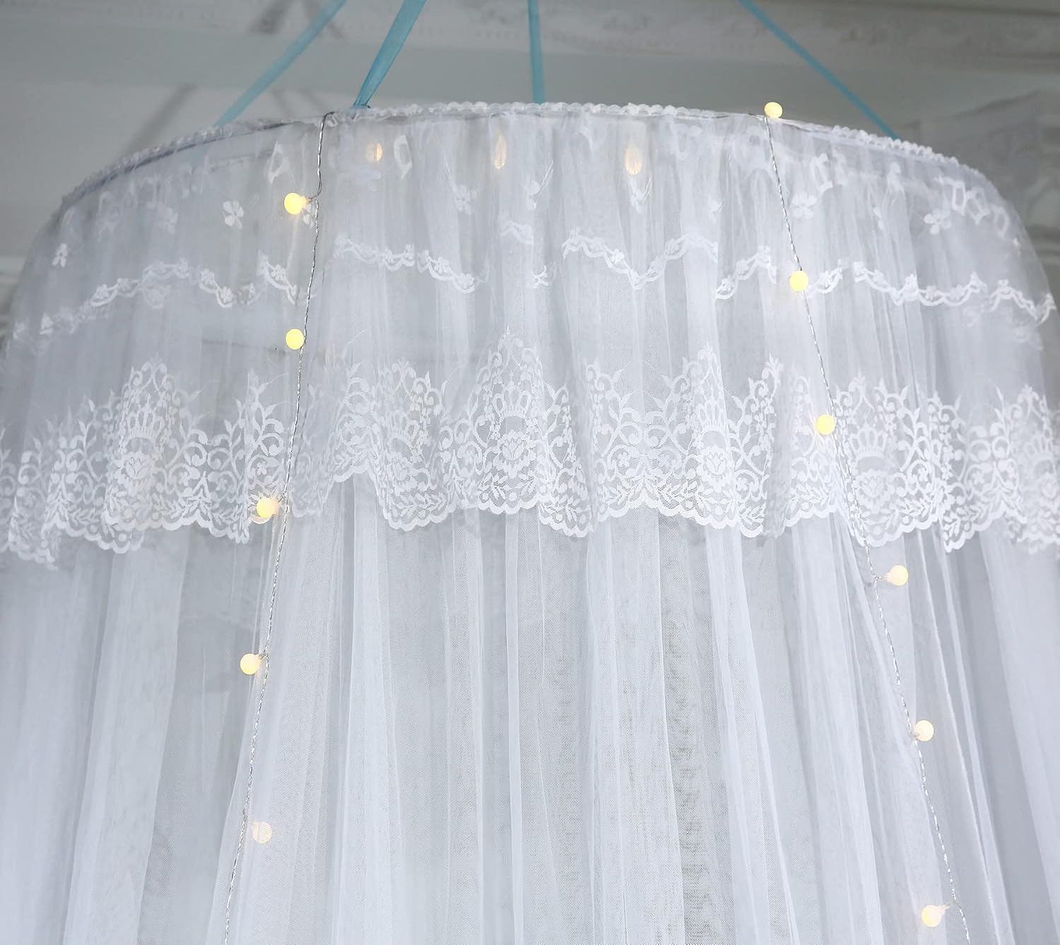 Mengersi Pirncess Bed Canopy for Girls & Adults with Lights,Round Dome Ombre Canopy Bed Curtains Mosquito Net Play Tent for Kids Teen Adult King Queen Full Double Bed (Round Canopy + Led Lights)