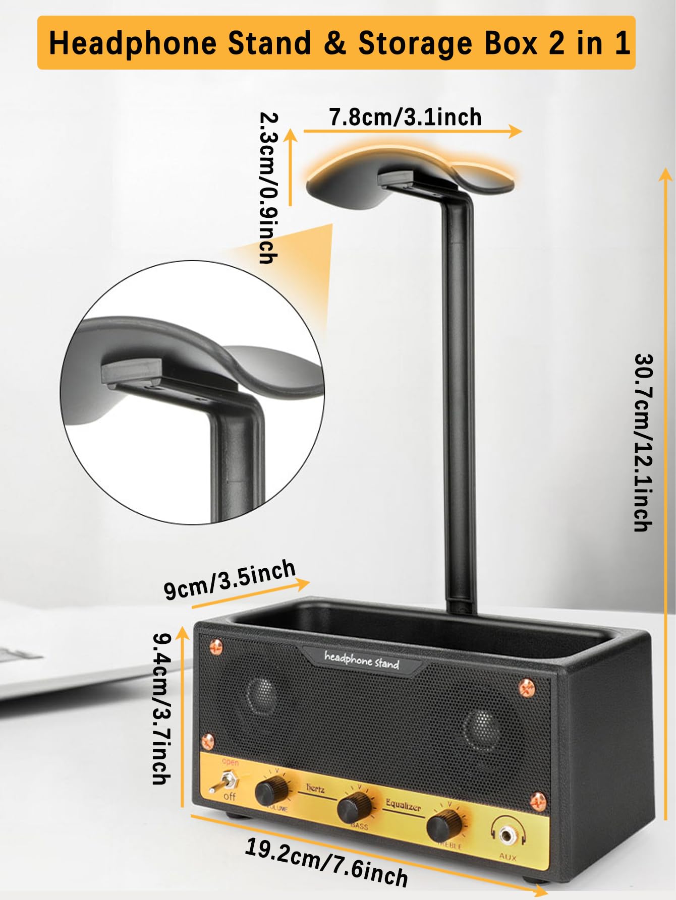 Kopfhörer Ständer Desk - Multipurpose Retro Musikliebhaber Headset Halterung mit Quadratischer Aufbewahrungsbox 2 in 1, Organizer für Kopfhörer, Brillen, Stifte, Uhren, Schlüssel, Gadget