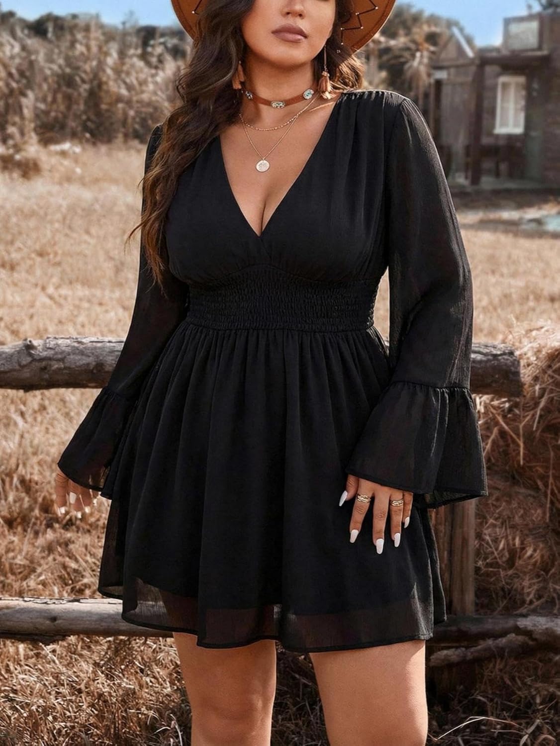 BEAUDRM Women's Plus Size Boho Western Dress Bell Sleeve Cowgirl Hippie Mini Dress Mesh A Line Casual Flowy Dresses