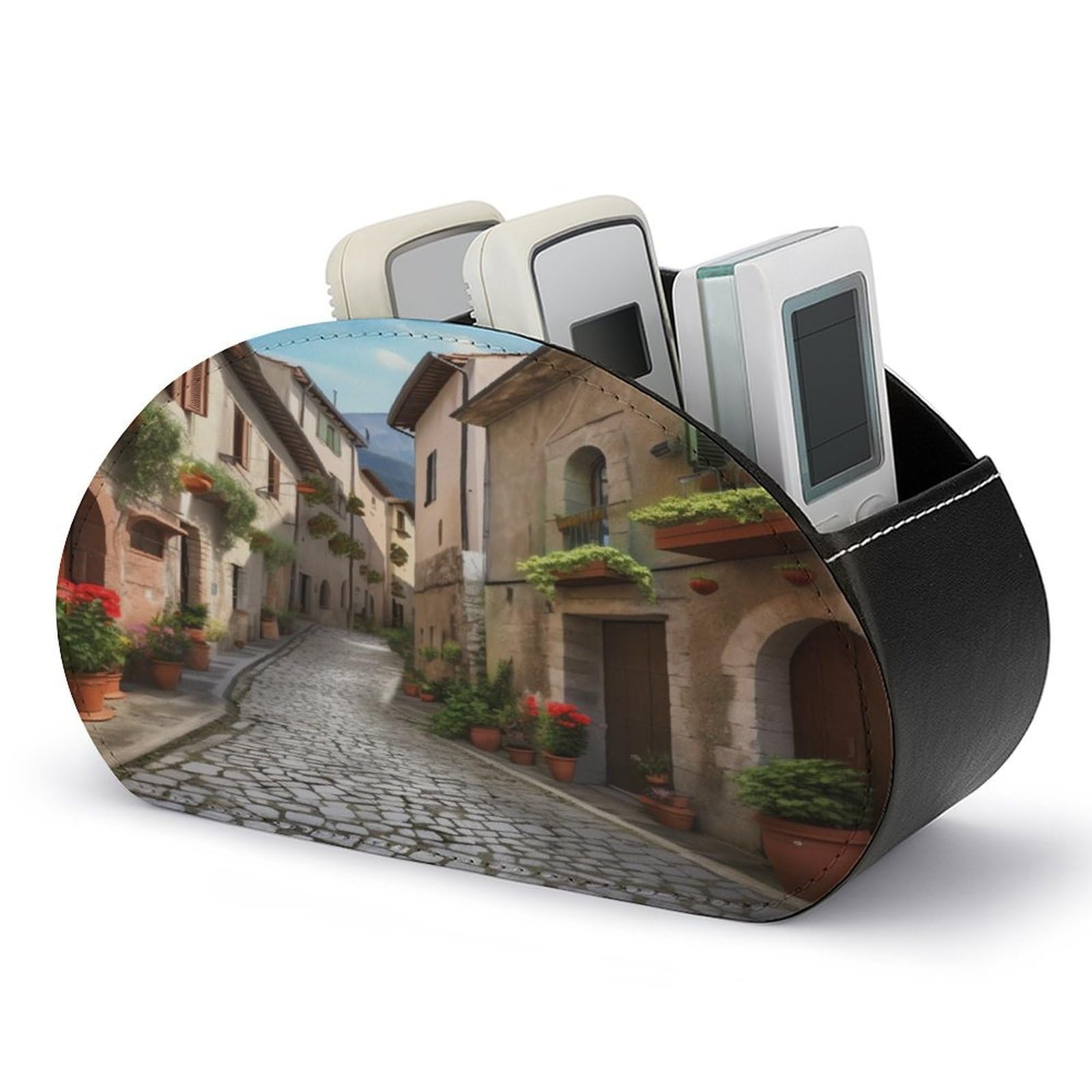 FekiLoot Italian Town Street Remote Control Holder with 5 Compartments - PU Leather Remote Caddy Desktop Organizer, Personalized TV Media Remote Storage Box for Home Coffee Desk Accessories