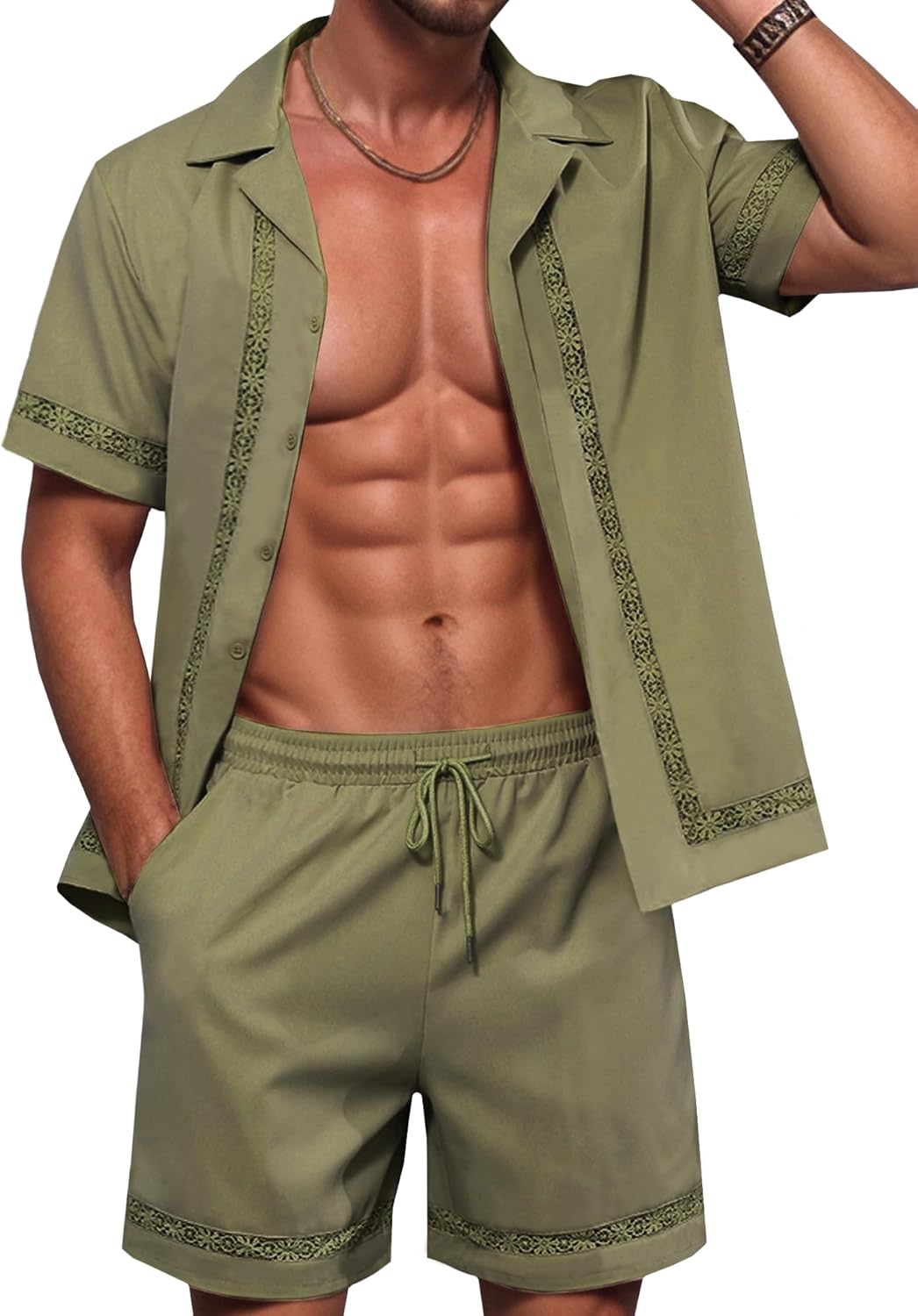 ZSJR Mens 2 Pieces Linen Set Short Sleeve Shirt and Shorts Resort Wear Summer Vacation Beach Yoga Matching Outfits