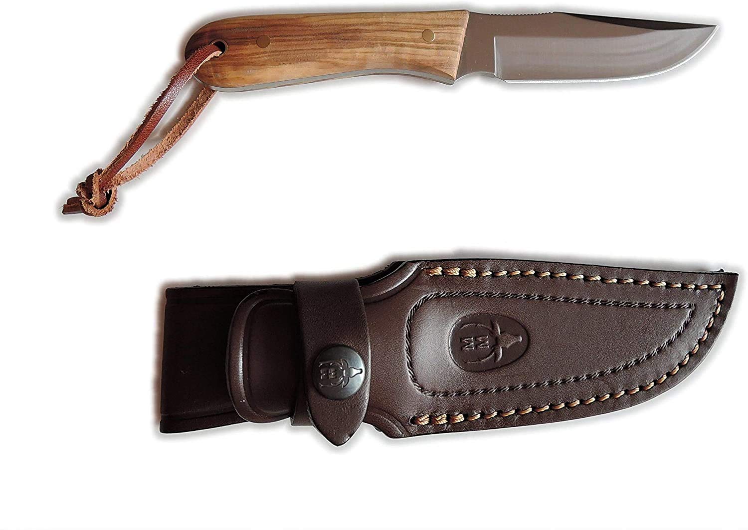 Muela Cuchillo BISON-9OL hoja de acero ACX-380 de 9 cm y empuñadura de olivo para Caza, Pesca, Supervivencia y Bushcraft Realizado en Ciudad Real + Portabotellas de regalo