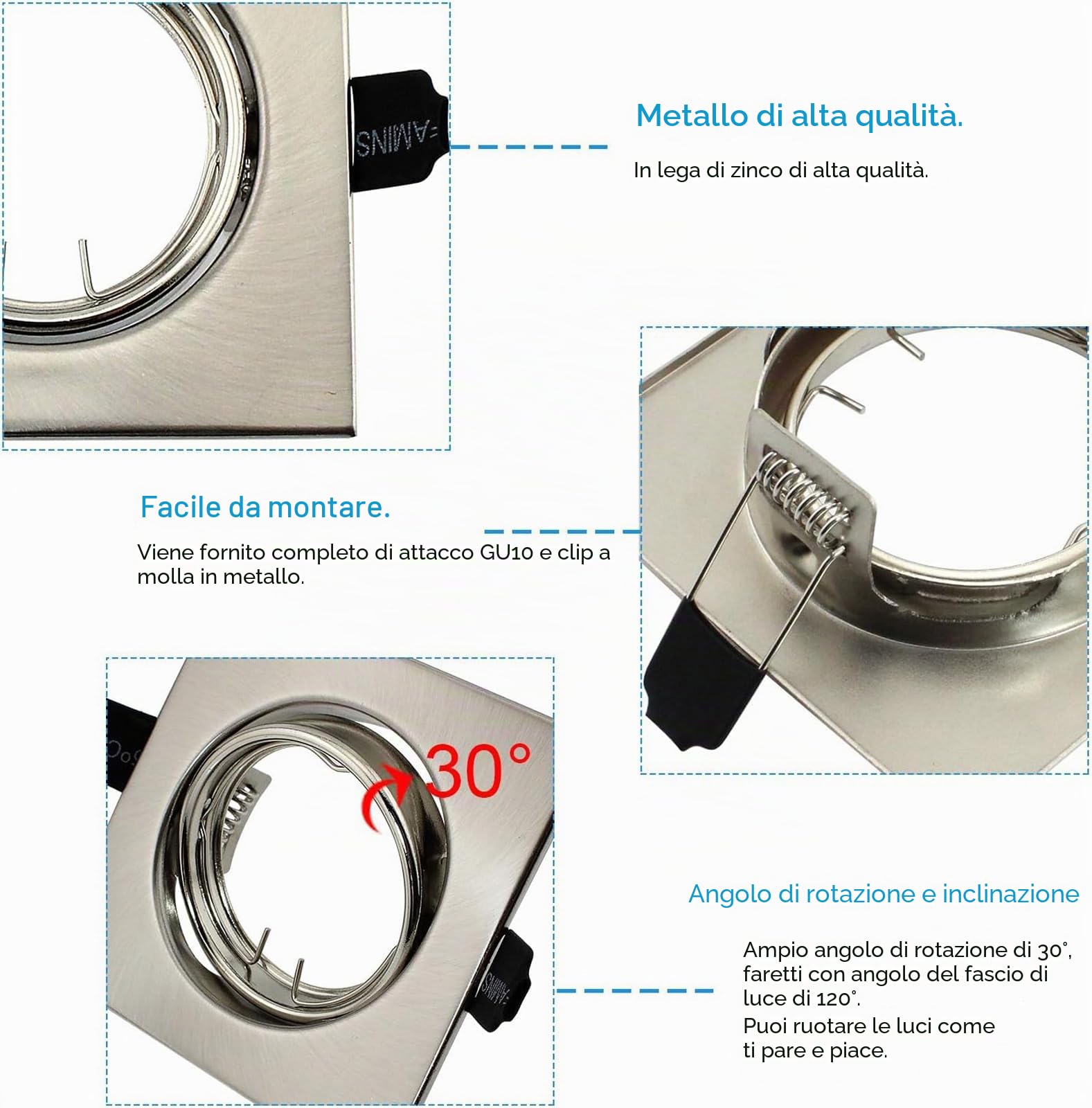 HiBay 10 Faretti LED da Incasso per Cartongesso 220V GU10 Dimensione Foro 68mm Faretti da Incasso Quadrati Faretto da Soffitto in Acciaio inox Orientabile con 5W Lampade Bianco Caldo+Presa