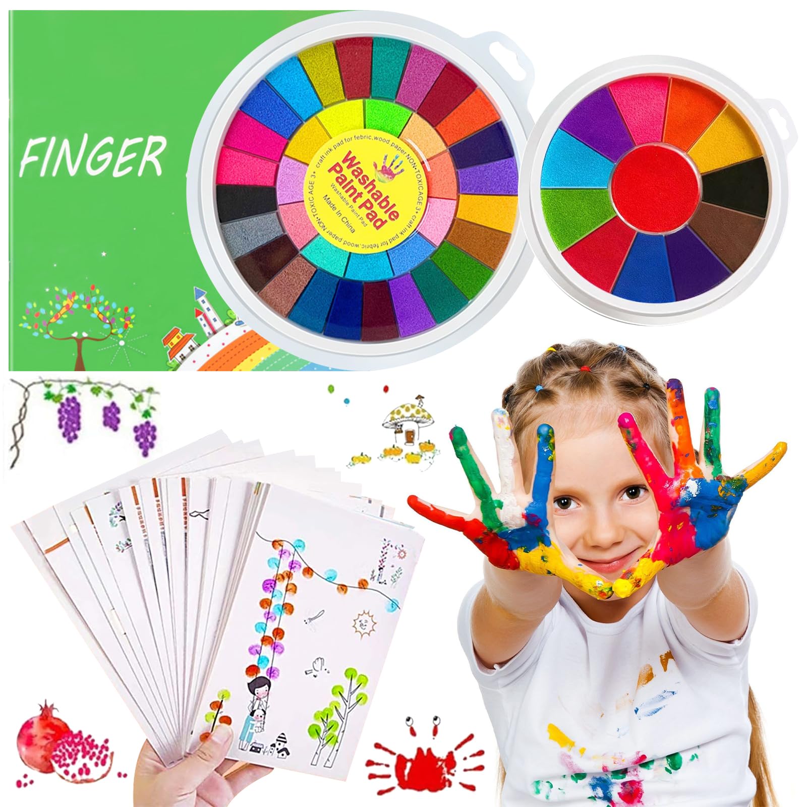 SPHERETRON Finger Paints for Children, Finger Paints, 48 Colours, Finger Colours Kit, Washable Finger Painting Set, DIY Painting Set, Finger Ink Pad, Stamp with Colouring Book, Finger Paints for Boys