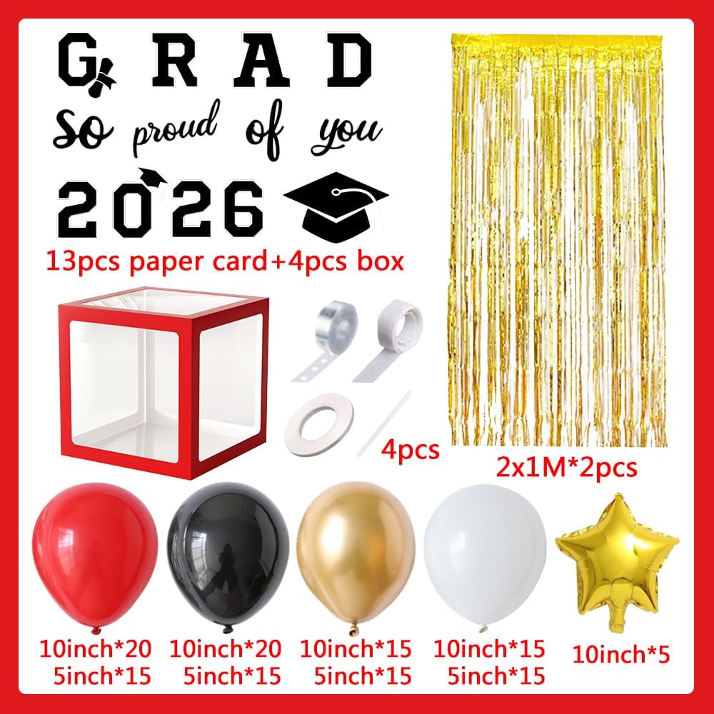 Red Graduation Party Decorations - Set of 4 Balloons Boxes with Red Black Gold Balloon Arch Kit and Fringe Curtains, So Proud of You 2026 Congrats Grad for High School & College Celebrations