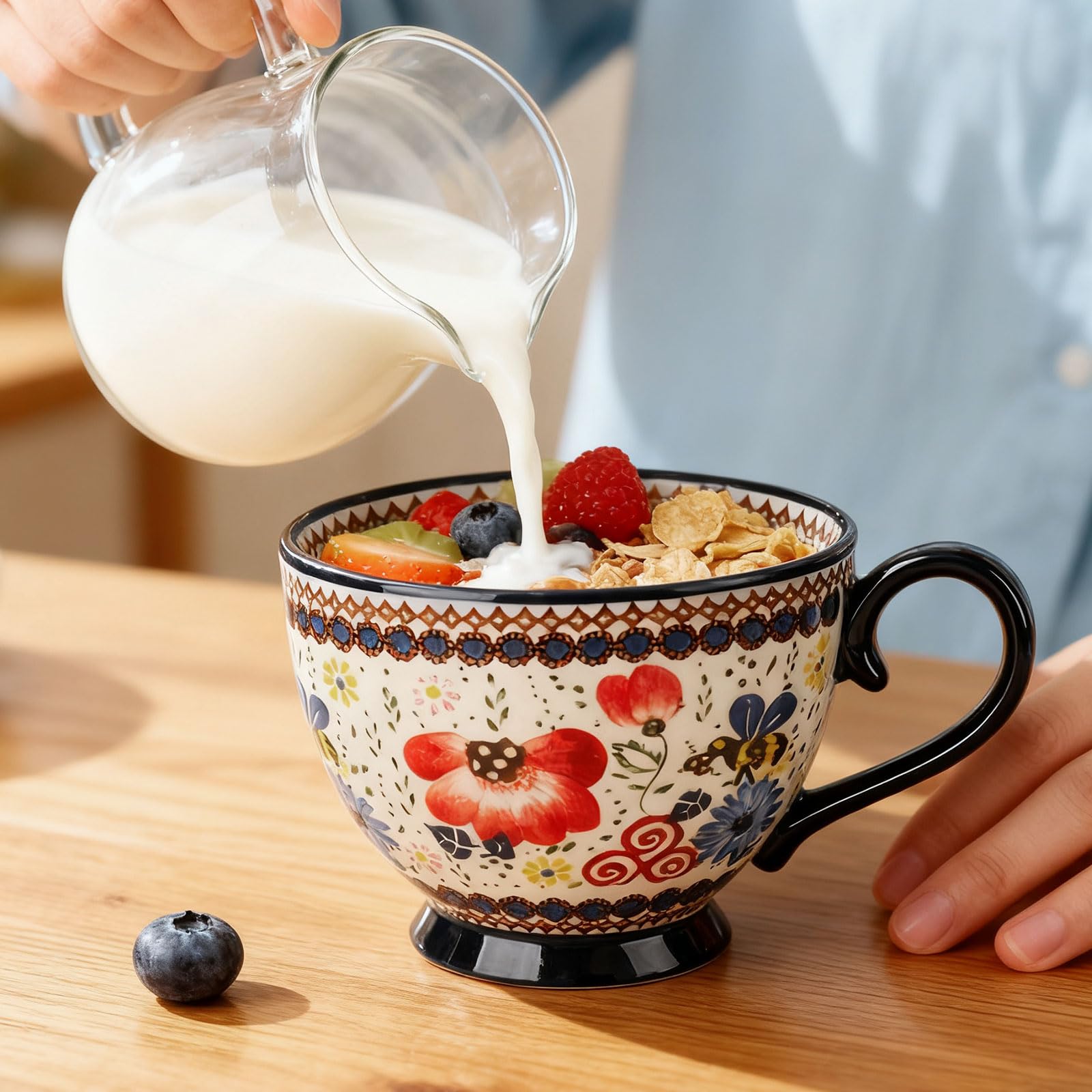 Set di 4 tazze da colazione in ceramica, 510 ml, con motivo floreale dipinta a mano, con manico, set di tazze in porcellana, tazze da cappuccino in ceramica, adatte al microonde