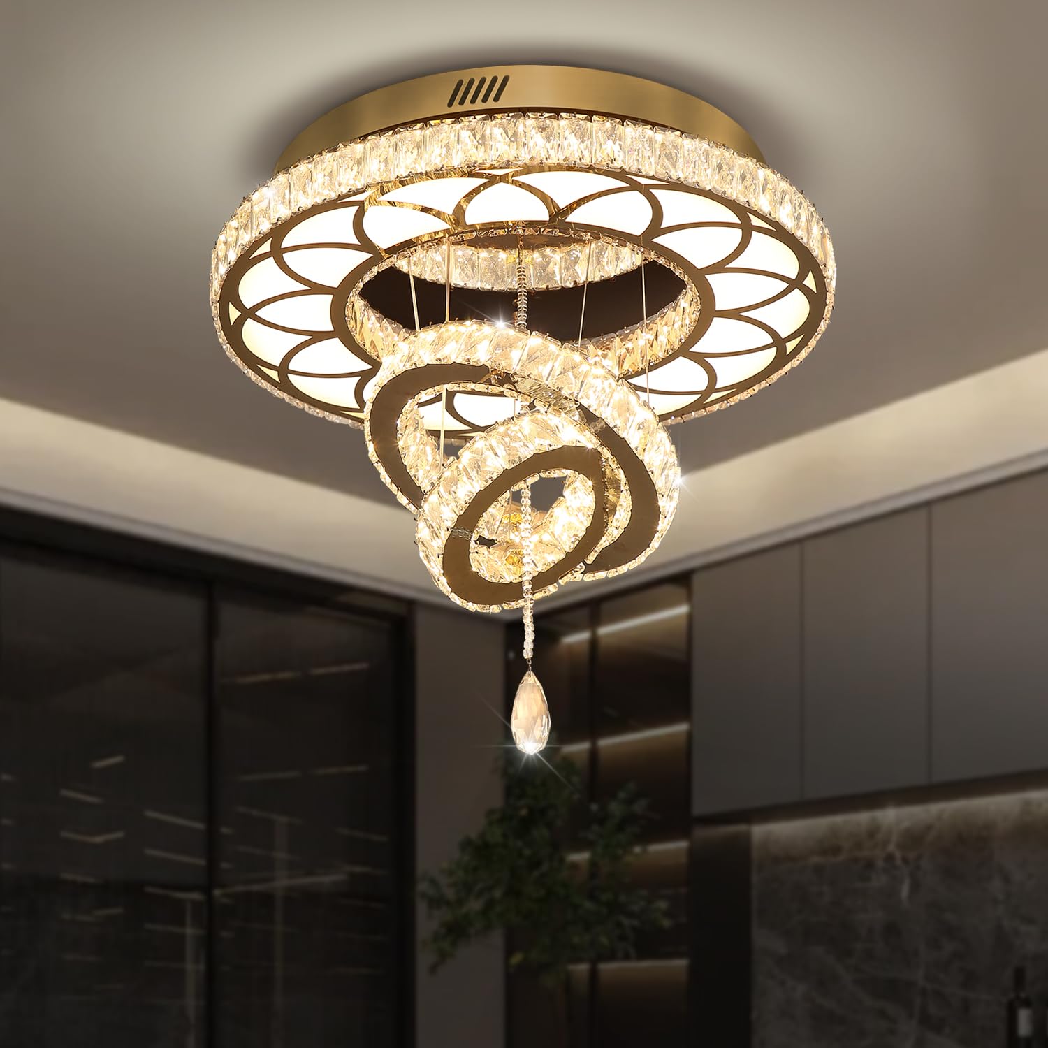 Flashing God Dia 20" Crystal Chandelier Crystal Gold Ceiling Light Fixtures LED Flush Mount Ceiling Light for Living Room Bedrooms Dining Room Dimmable 2700k 4500k 6000k