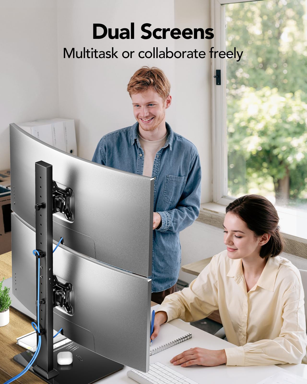 HUANUO Braccio Monitor Doppio, Dual Vertical Monitor Arm Suitable for Two Screens from 13 to 34 Inches 20 kg, Swivel, Tilt, Height Adjustable, VESA 50/75/100