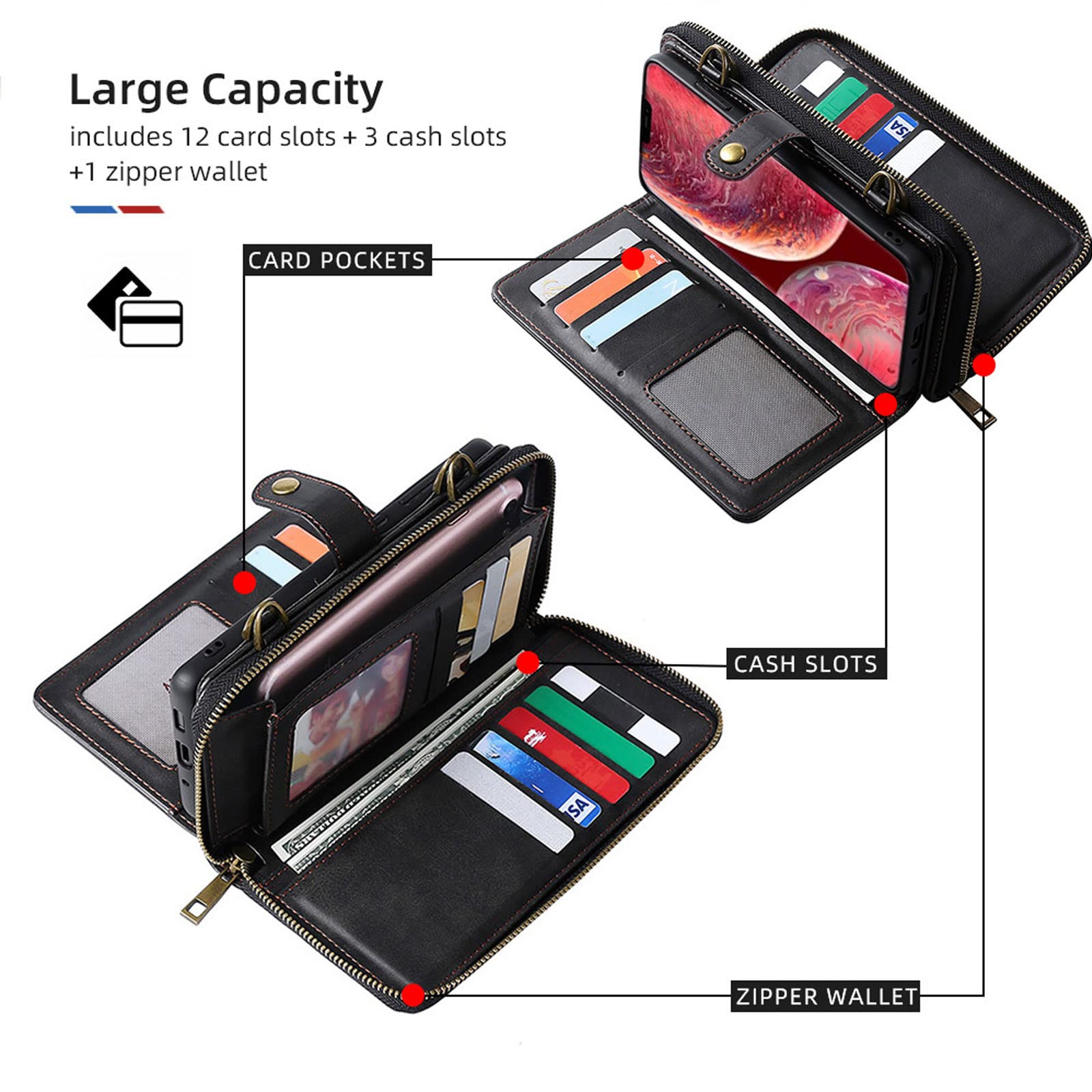 Etui do iPhone 14 / 14 Pro / 14 Plus / 14 Pro Max, klapki, zamek błyskawiczny, etui na telefon komórkowy, przegródka na karty, magnetyczne, odporne na zarysowania, czarne, 14 Pro 6,1"