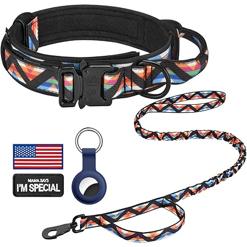 DAGANXI Tactical Dog Collar, Adjustable Military Training Nylon Dog Collar with Control Handle and Heavy Metal Buckle for Medium and Large Dogs, with Patches & Airtags Case (M, Colorful Triangle-Set)