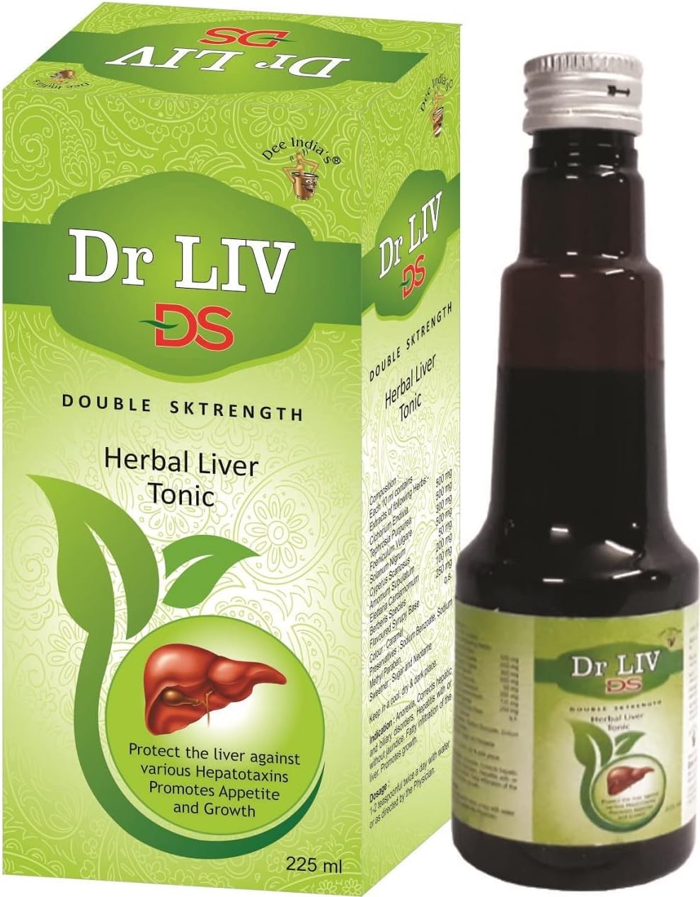 DEE INDIA HERBALS DR. LIV DS Syrup Double Strength Tonic - Promote Appetite & Growth | No Added Preservatives or Artificial Flavors For Men & Women (225ml, Pack of 6)