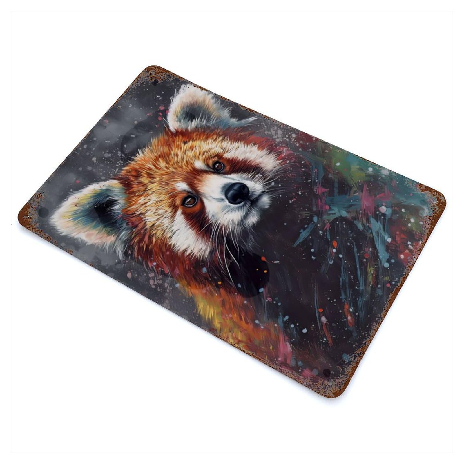 Weathered Tin Sign with Red Panda Painting Design 11.8"x7.9", for Basement, Hobby Room And Garage Decor, Industrial Home Decor