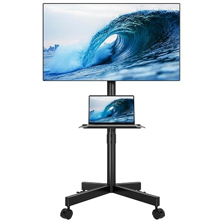 BONTEC Mobile TV Stand for 23-65 Inch TVs, Rolling TV Stand with Locking Wheels, Adjustable Height, Media Shelf, Outdoor TV Stand Max VESA 400x400mm, Holds Up to 88lbs