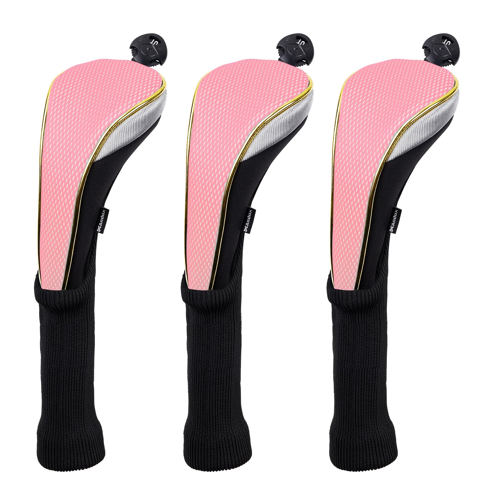 Andux 3Pcs/Set Long Neck Gold Golf Hybrids Club Head Covers with Dial No. Tag MT/HY14 (Pink)