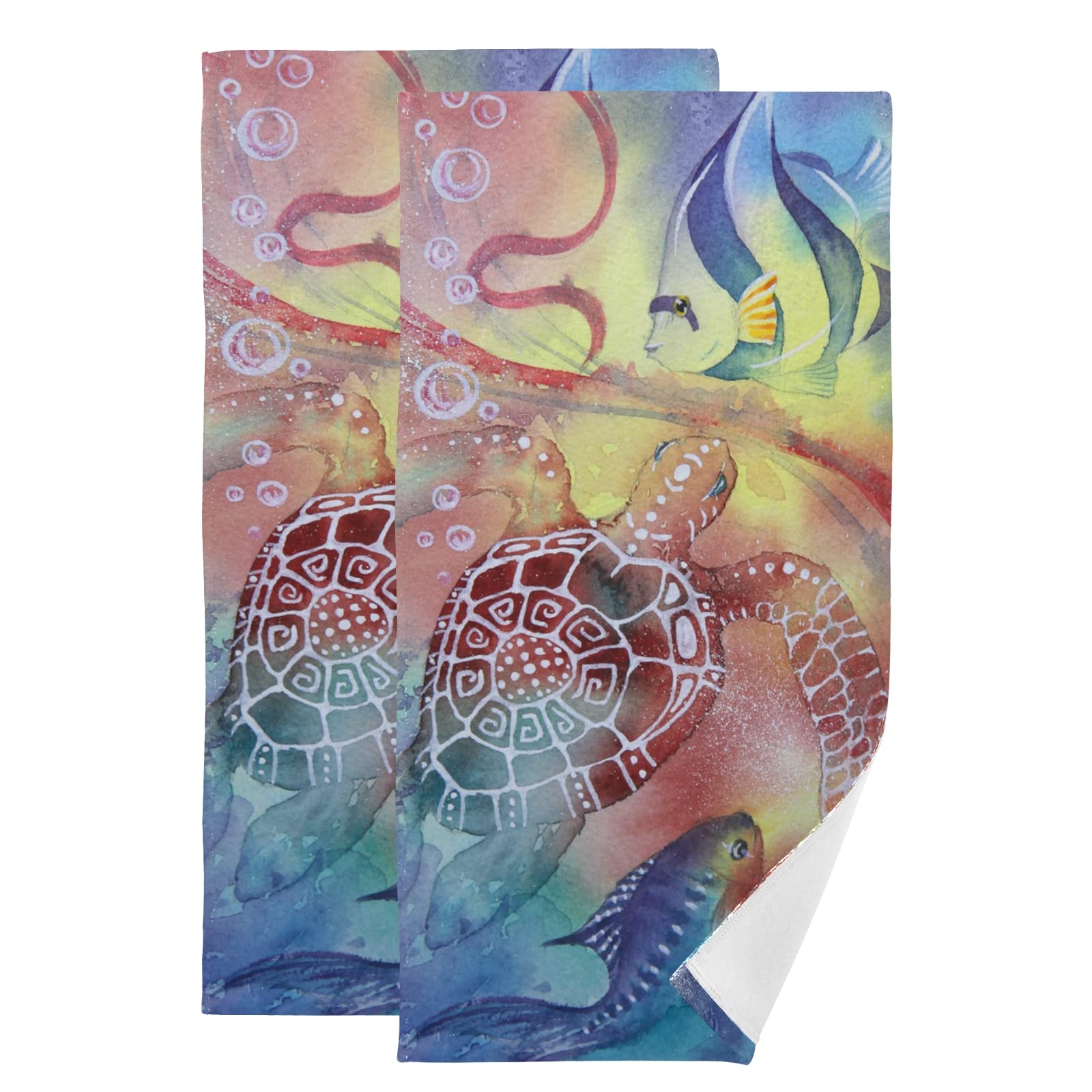 PUXUQUHand Towel Pack of 2, Watercolor Turtle Face Towel for Bathroom Kitchen Hotel Beach Travel