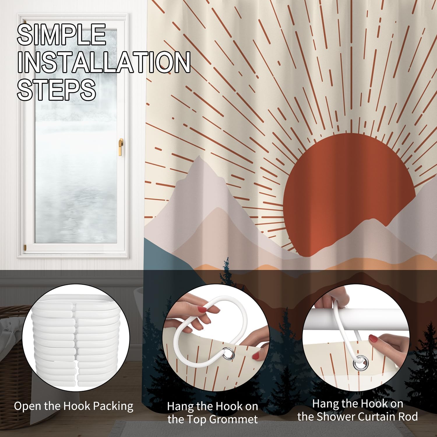 Abstract Mid Century Shower Curtain Boho Sunset Geometric Mountain Forest Aesthetic Shower Curtain Bohemian Minimalist Bathroom Decor Curtains Waterproof Fabric with Hooks 72x84 inch