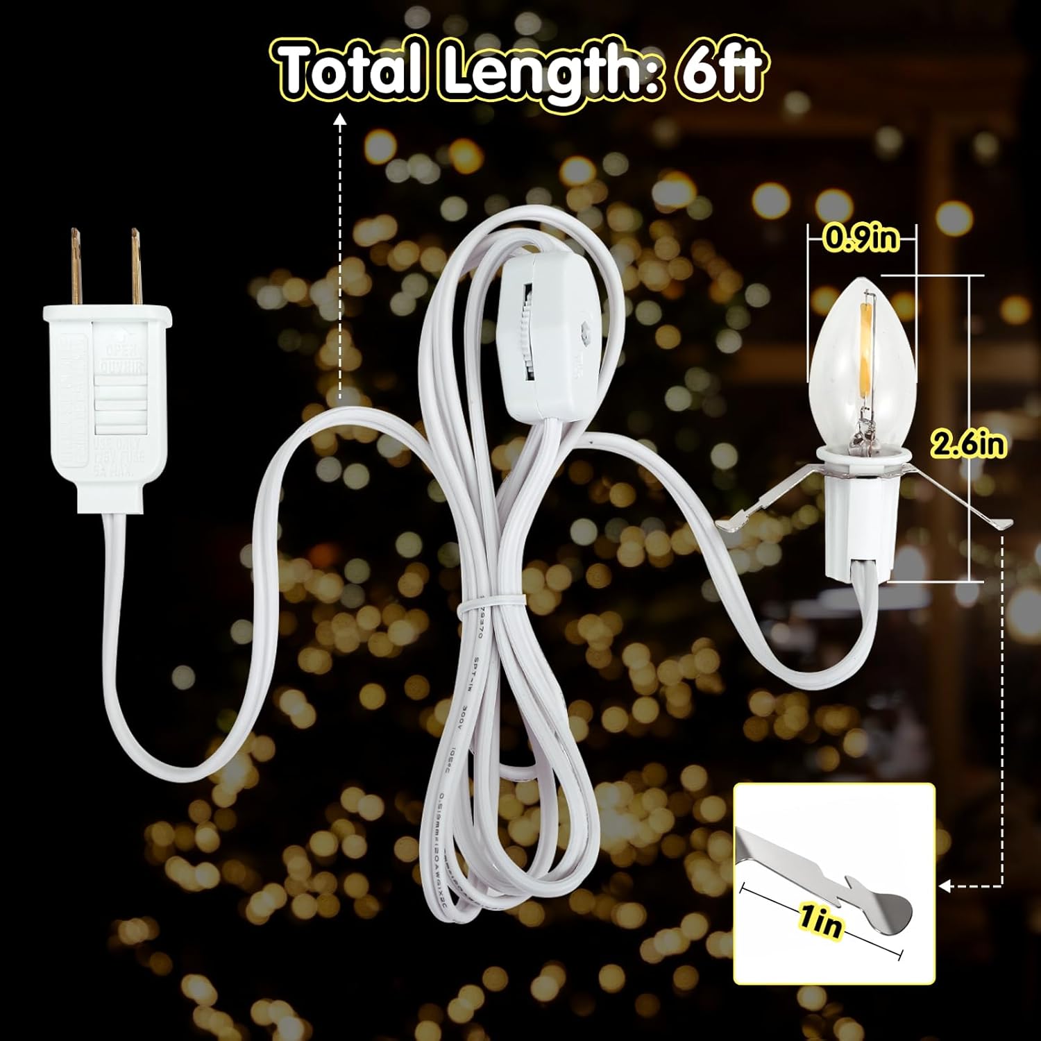LIHAO 2 Sets Accessory Cord with 2 LED Light Bulbs 6FT White Cord with On/Off Switch Plugs E12 Candelabra LED Light Bulbs and Clips for Christmas Halloween Decorations Craft Village House Decoration