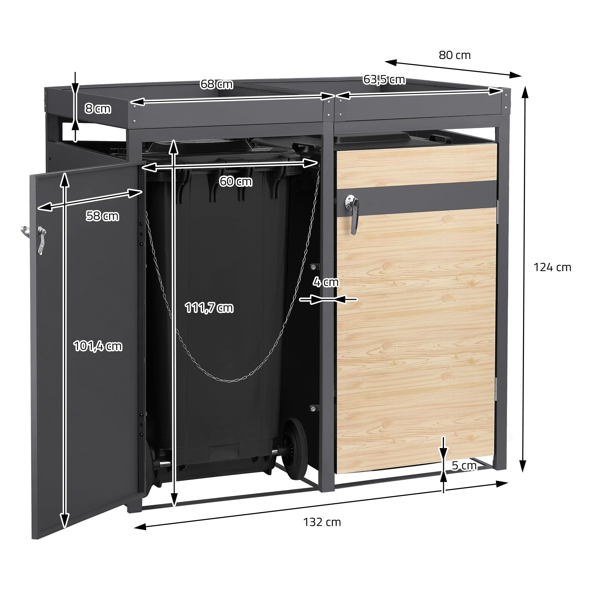 ML-Design Mülltonnenbox 3er 240L mit Pflanzdach, Mülltonnenverkleidung für 3 Mülltonnen, Müllbox wetterfest Mülltonnenhaus aus Stahl, Müllcontainer, abschließbare Tür 200x80x124 cm Anthrazit-Holzoptik