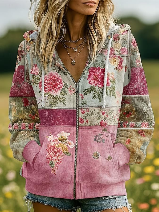 OSCORP Women’s Boho Patchwork Floral Embroidered Hoodie, Vintage Mixed Pullover Sweatshirt with Drawstring for Fall Winter - Image 2